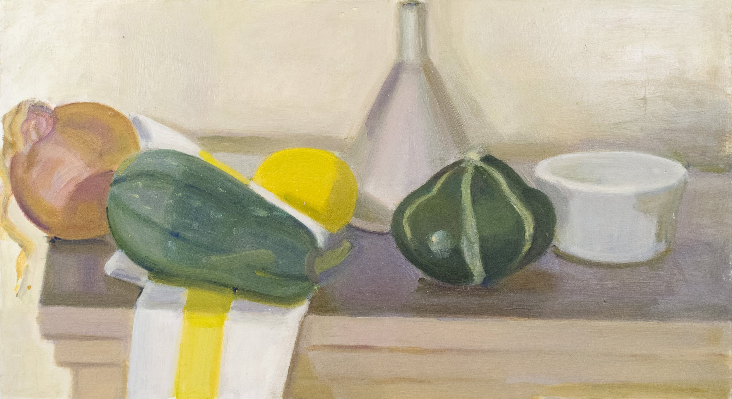   Onion, Tiger Squash, Lemon, Funnel and Yellow-striped Napkin , 2018, oil/panel, 10 x 18 in. (Private collection) 