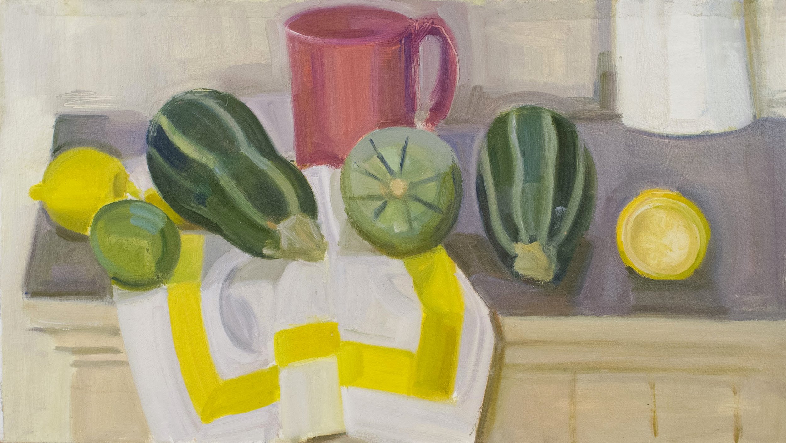   Pink Cup, Tiger Squash, Lemons and Yellow Striped Napkin , 2017, oil/panel, 11 x 20 in. (Not for sale) 