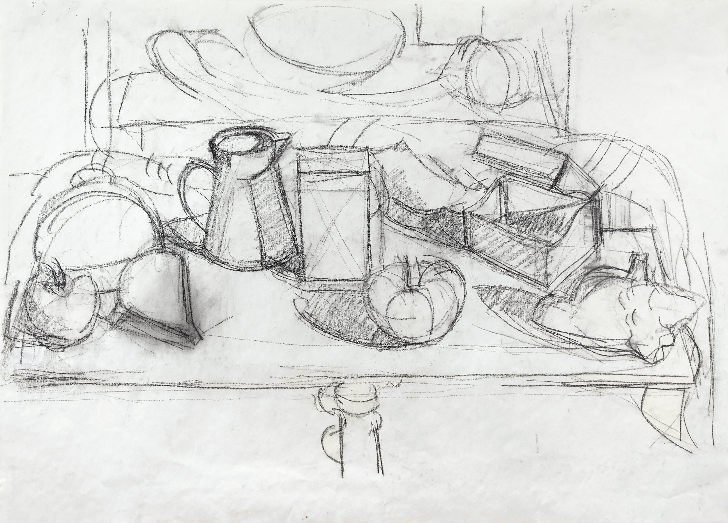   Pudding Mold and My New Box (study) , 2006, charcoal on paper unmounted, 25” x 37”, $500 
