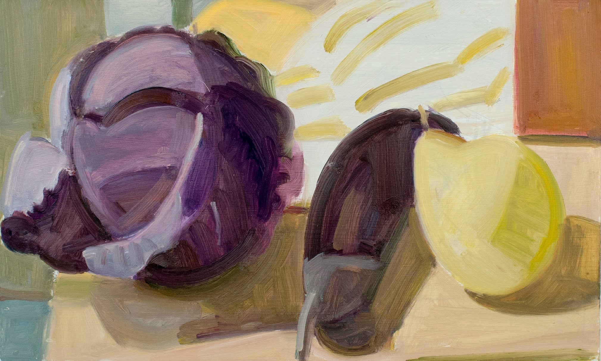   Red Cabbage, Chinese Apple and Red Box , 2012, oil/panel, 8 x 13 in. (Not for sale) 