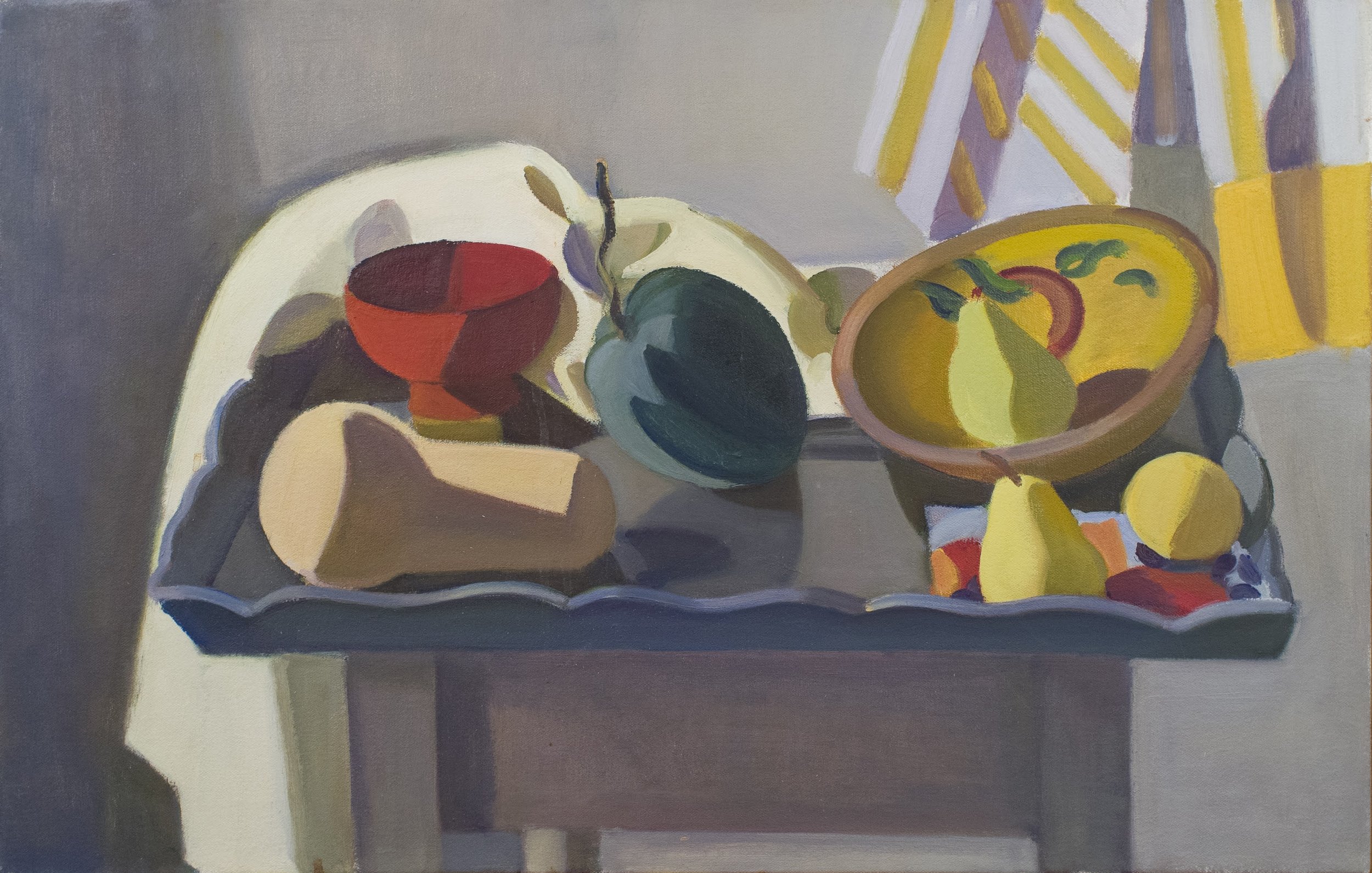   Wooden Bowl with Pear and Squash, Metal Tray , 2001, oil/canvas, 18 x 28 in. (Private collection) 