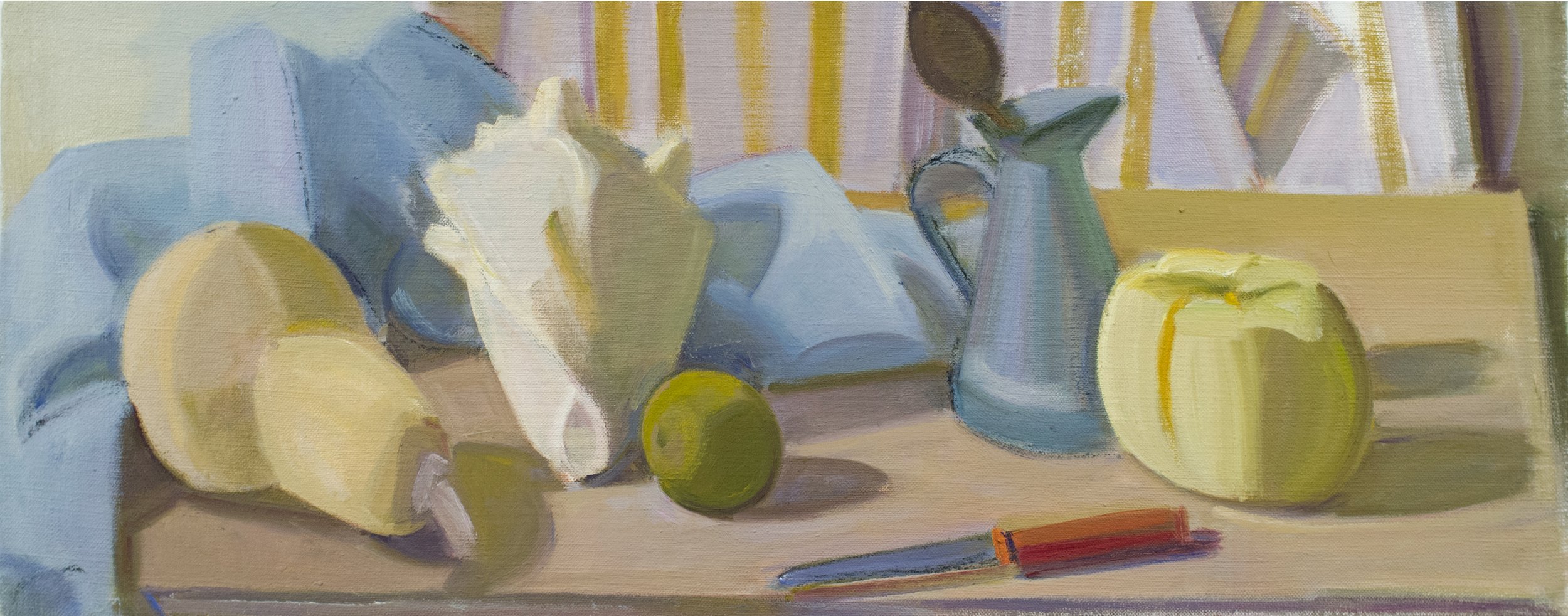   Butternut and Striped Squash with Shell , c. 2013-14, oil/canvas, 10 x 25 in. (Private collection) 