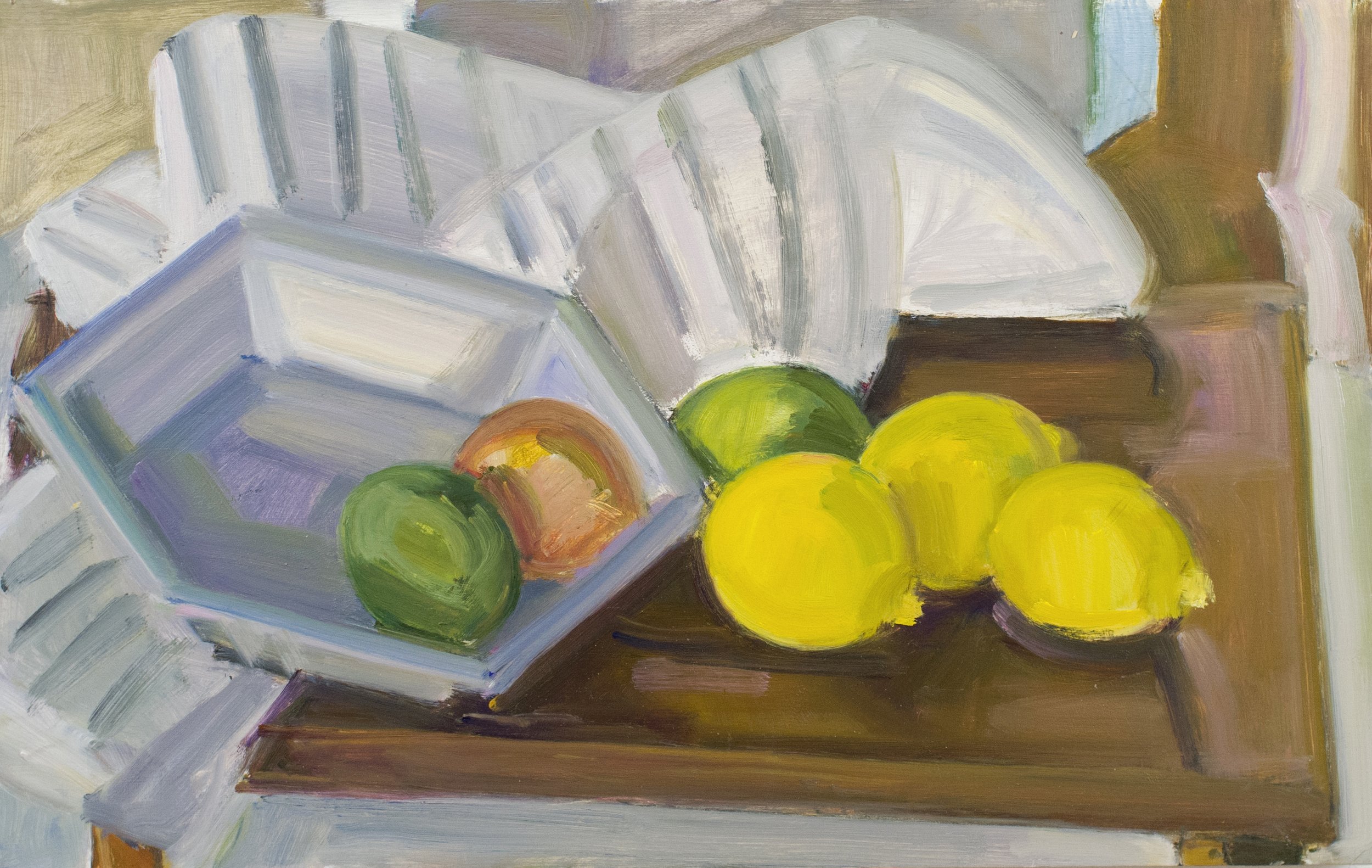   Hexagonal Pie Tin, Lemons and Limes in Doorway , c. 2015, oil/panel, 10 x 16 in. (Private collection) 