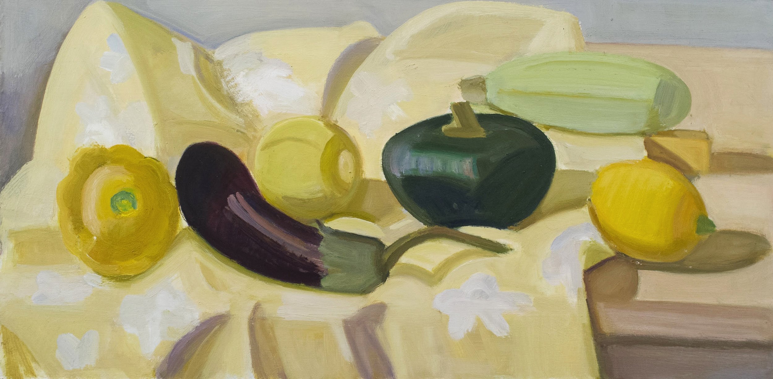   Yellow Squash, Lemon, Eggplant on Yellow Cloth , c. 2012, oil/panel, 10 x 20 in. (Private collection) 