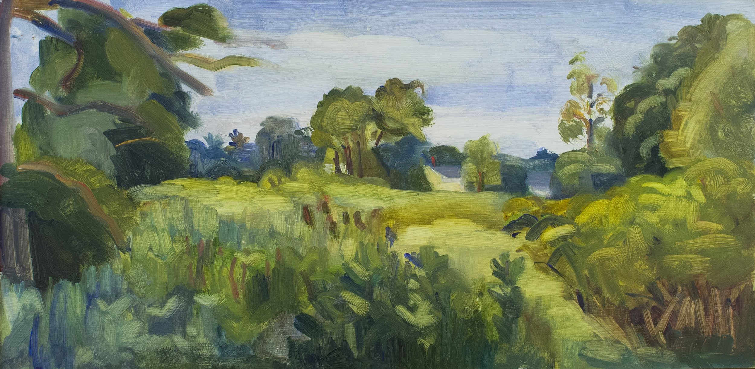   Sharp Farm–Towards Stillwater , c. 2000, oil/panel, 8 x 16 in. (Private collection) 