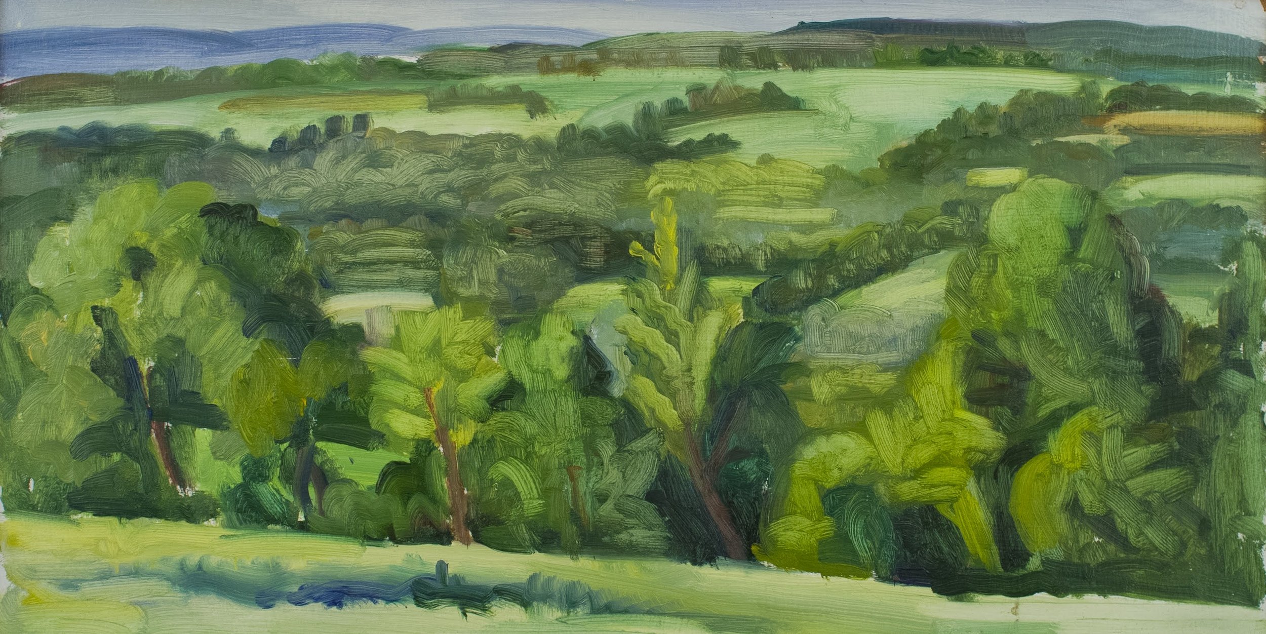   Deer Run Fields towards Bethel , 1996, oil/panel, 8 x 15 in. (Private collection) 