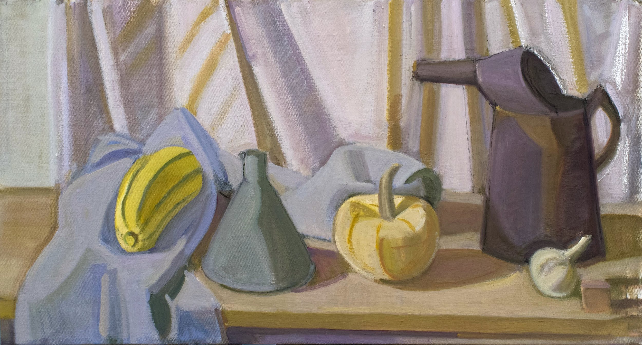   Oil Can with Funnel, Squash and Garlic , 2018-19, oil/canvas, 15 x 28 in (Not for sale) 