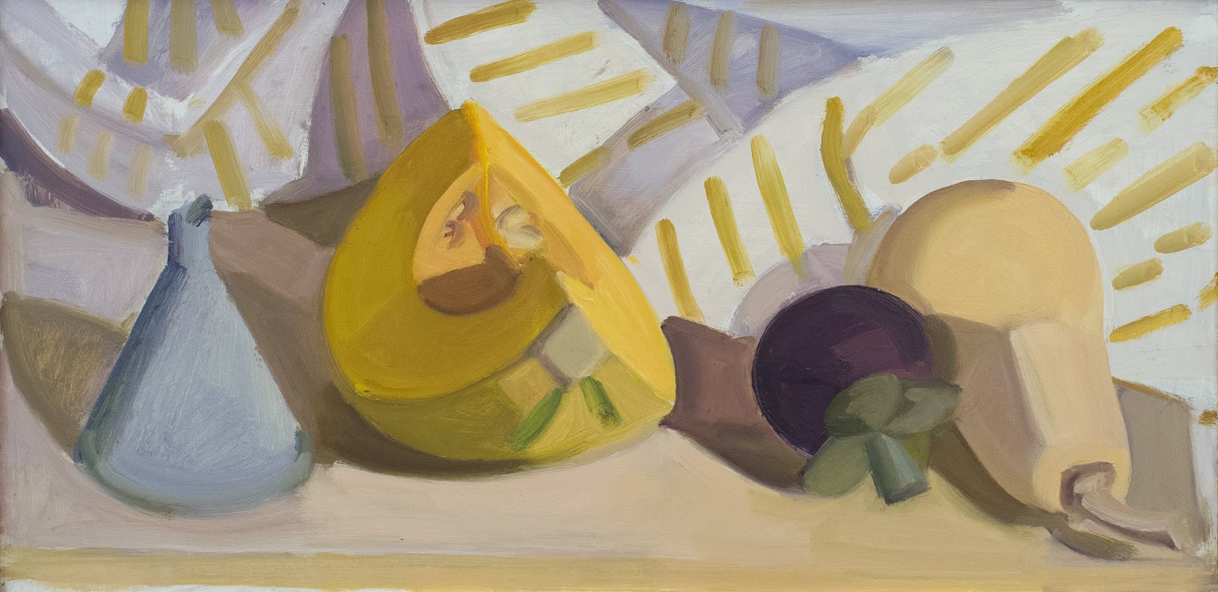   Butternut and Calabaza with Mangosteen and Funnel , c. 2005, oil/panel, 9 x 18 in. (Private collection) 