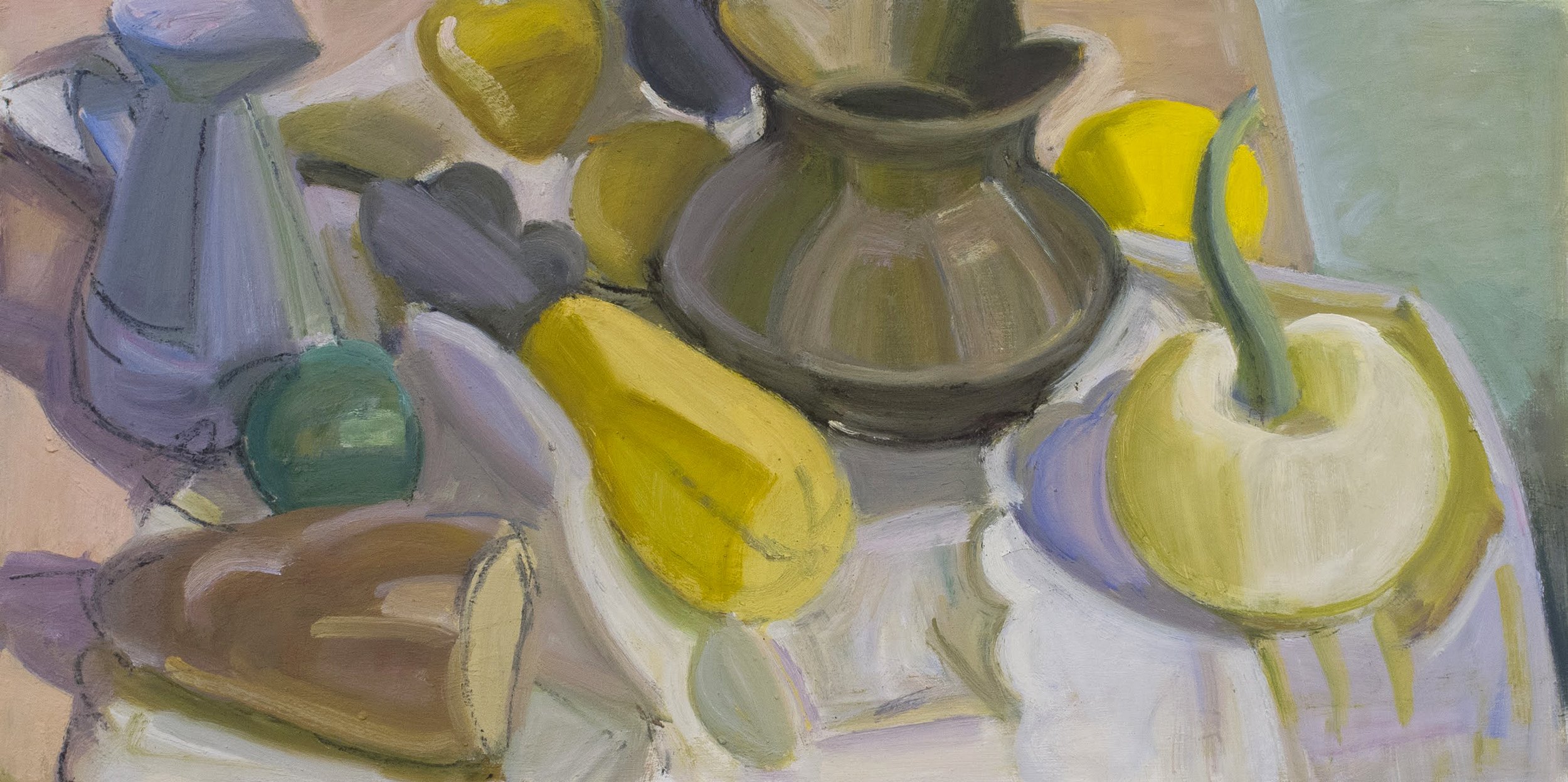   Bread, Two Pitchers, Yellow Squash and Lemons , c. 2017, oil/panel (framed), 10 x 20 in., $1,500 