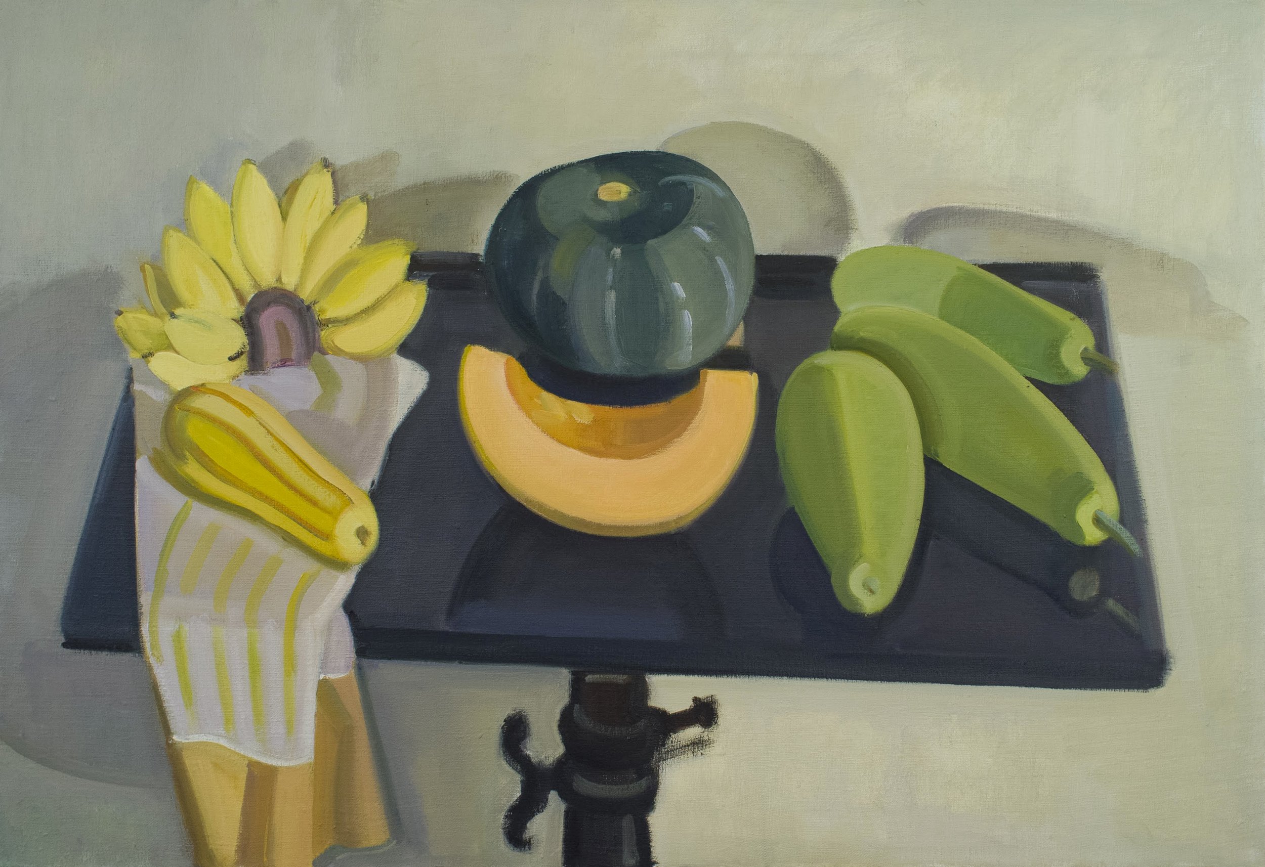   Bananas and Squashes on Black Drawing Table , c. 2003, oil/canvas, 22 x 32 in. (Private collection) 