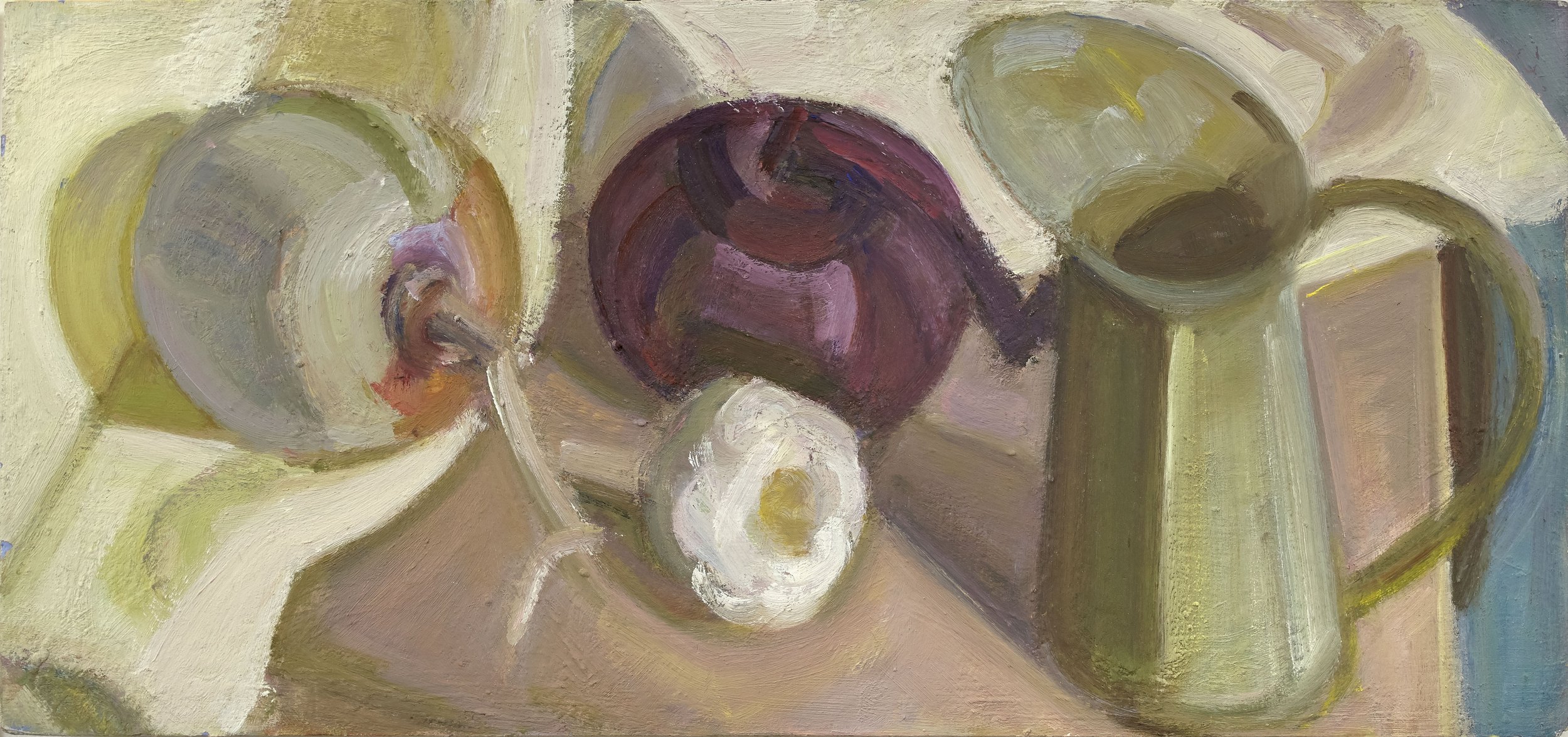   Pitcher, Red Onion, Yellow Onion, Garlic , 2018, oil/panel, 7 x 15 in. (Private collection) 