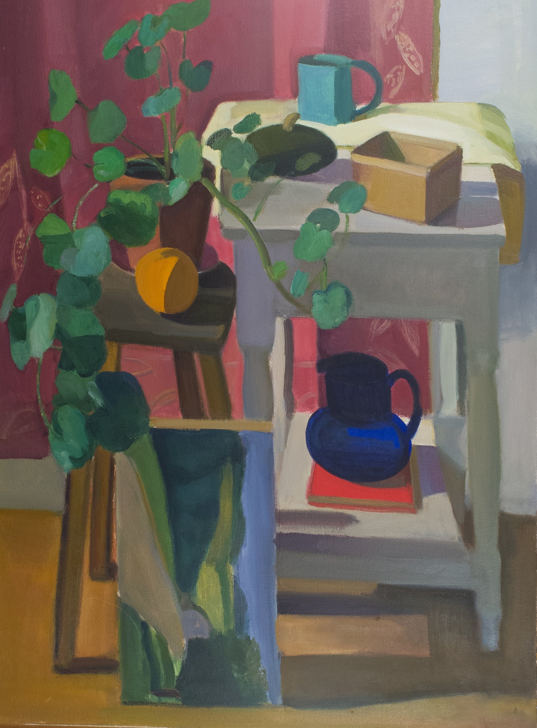   Still Life with Landscape (Red) , 1994, oil/canvas (signed and framed by the artist), 34 x 25 in. (Not for sale) 