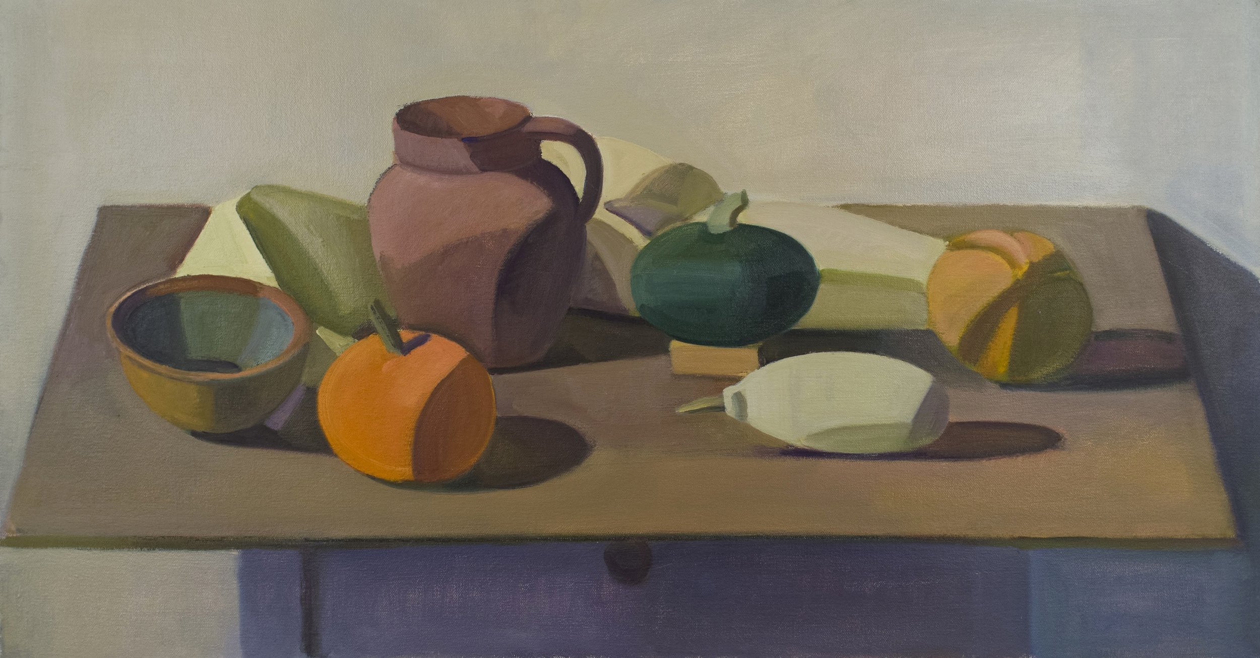   Oatmeal Bowl, Clay Pitcher and Squashes #2 , 2004, oil/canvas unframed, 16 x 30 in., $3,000 