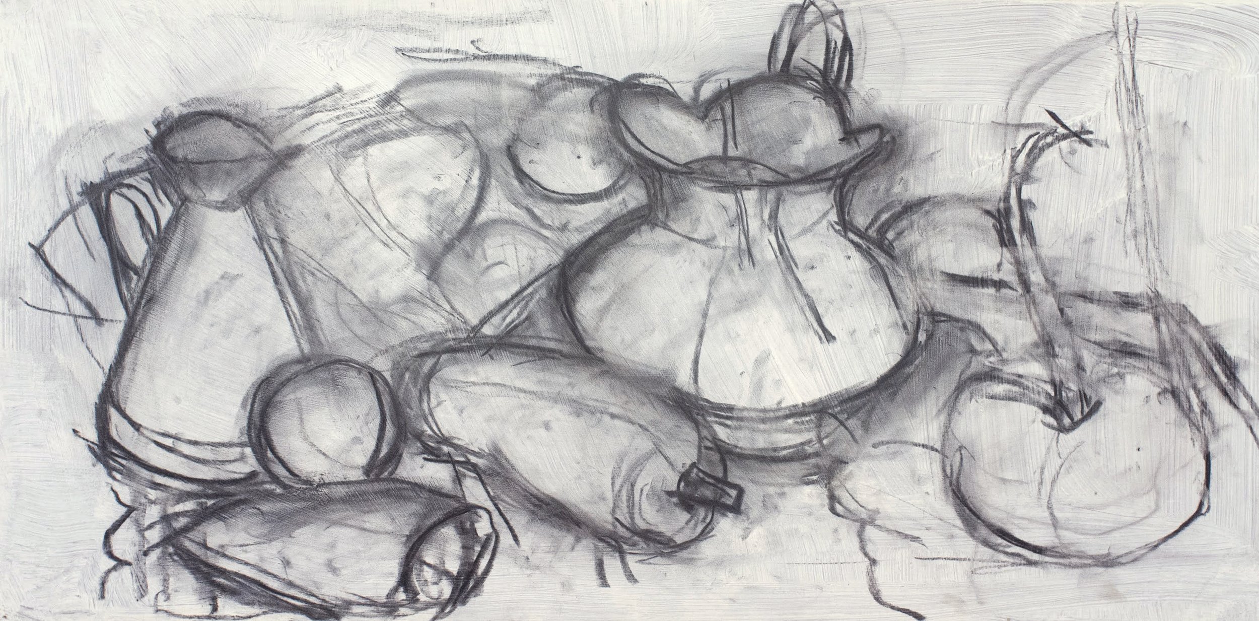   Bread, Two Pitchers, Yellow Squash and Lemons (study) , c. 2017, charcoal/panel unframed, 10 x 20 in. (Private collection) 