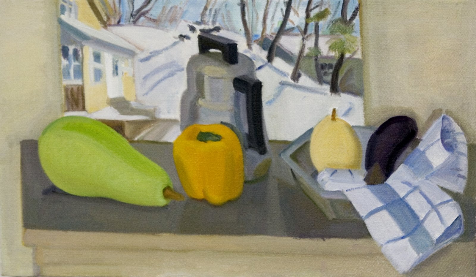   Checkered Cloth with Coffee Pot, Winter Landscap e, 2009, oil/panel, 13 x 22 in. (Not for sale) 