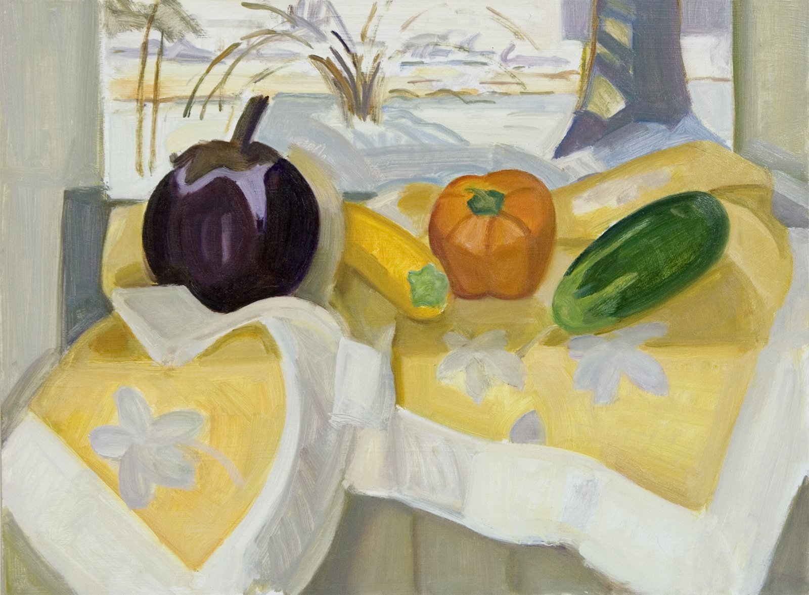   Round Eggplant, Cucumber, Winter Landscape , 2009, oil/panel, 14 x 19 in.  (Private collection)  