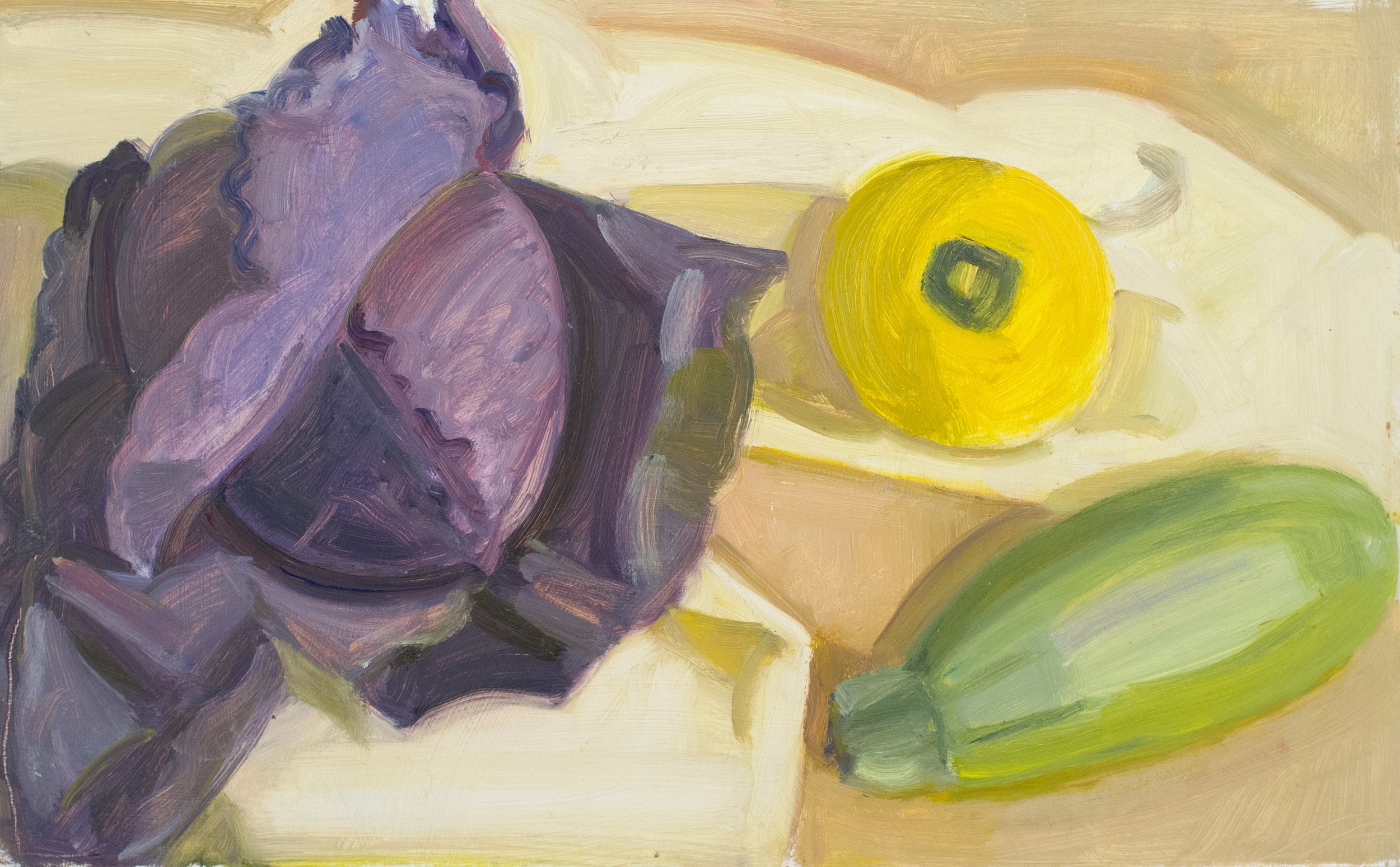   Purple Cabbage, Pale Green Tiger and Pattypan Squash , c. 2012, oil/panel, 10” x 16 in. (Private collection)  