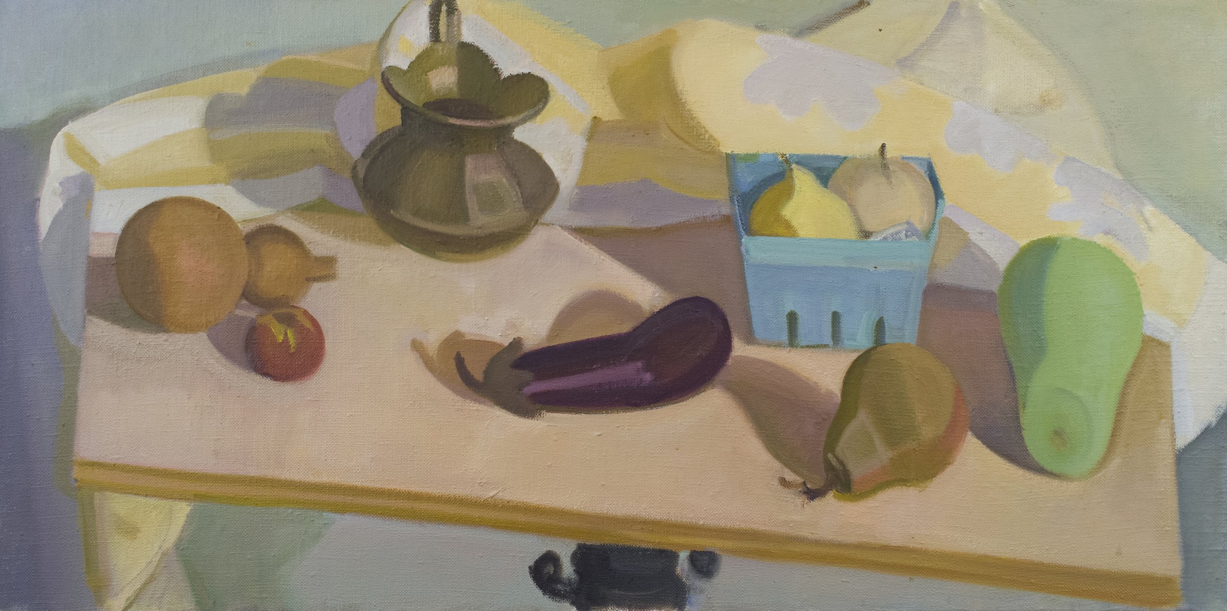   Brass Pitcher and Chinese Pears in Fruit Box , 2008, oil/canvas (unframed), 16 x 32 in., $2,500 