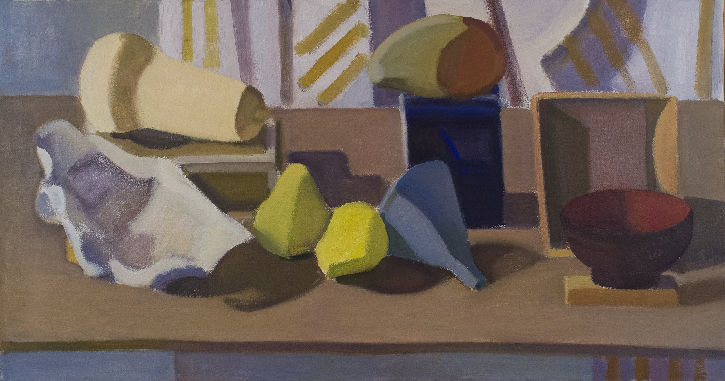   Tea Box, Mango, Shell and Funnel #2 , 2000, oil/canvas (signed and framed by the artist), 14 x 26 in., $2,000 