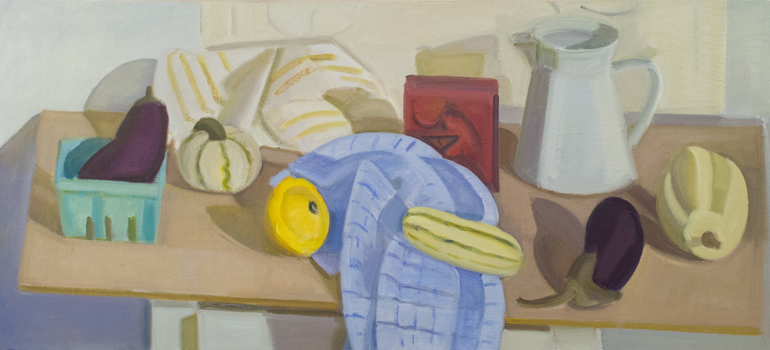   Melitta Pitcher with Red Box, Striped Towel , c. 2008, oil/canvas, 16 x 35 in. (Not for sale) 
