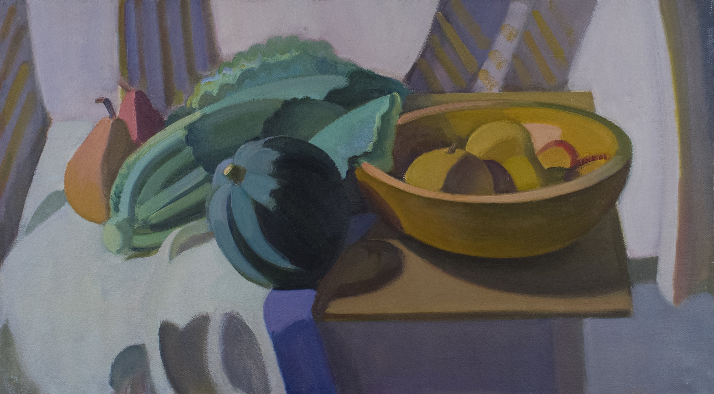   Pears in Wooden Bowl, Chinese Cabbage , c. 1998, oil/canvas (signed and framed by the artist), 14 x 25 in., $2,000 