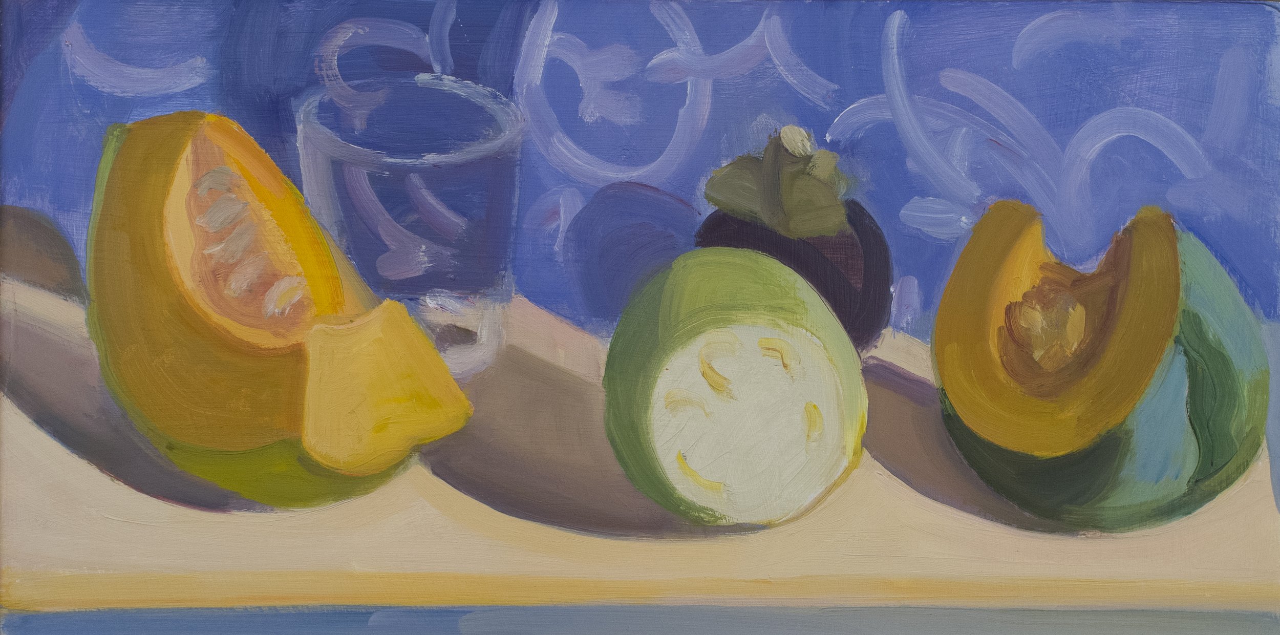   Split Cabocha, Cut Melon, Glass , 2006, oil/panel, 8 x 16 in. (Private collection) 