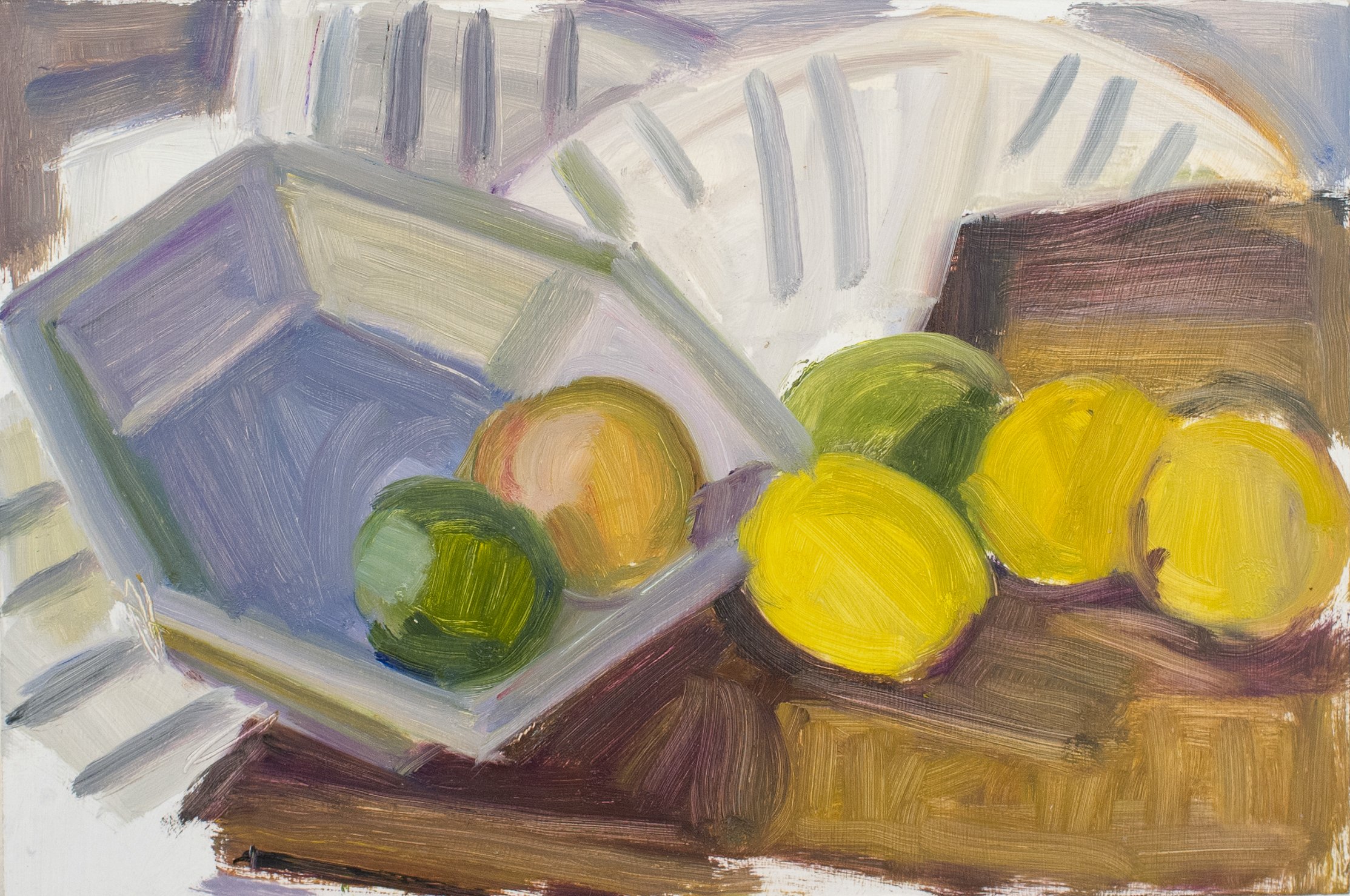   Lemons and Limes with Hexagonal Pie Tin, Gray Striped Cloth , c. 2015, oil/panel (signed and framed), 8 x 12 in., $1,000 