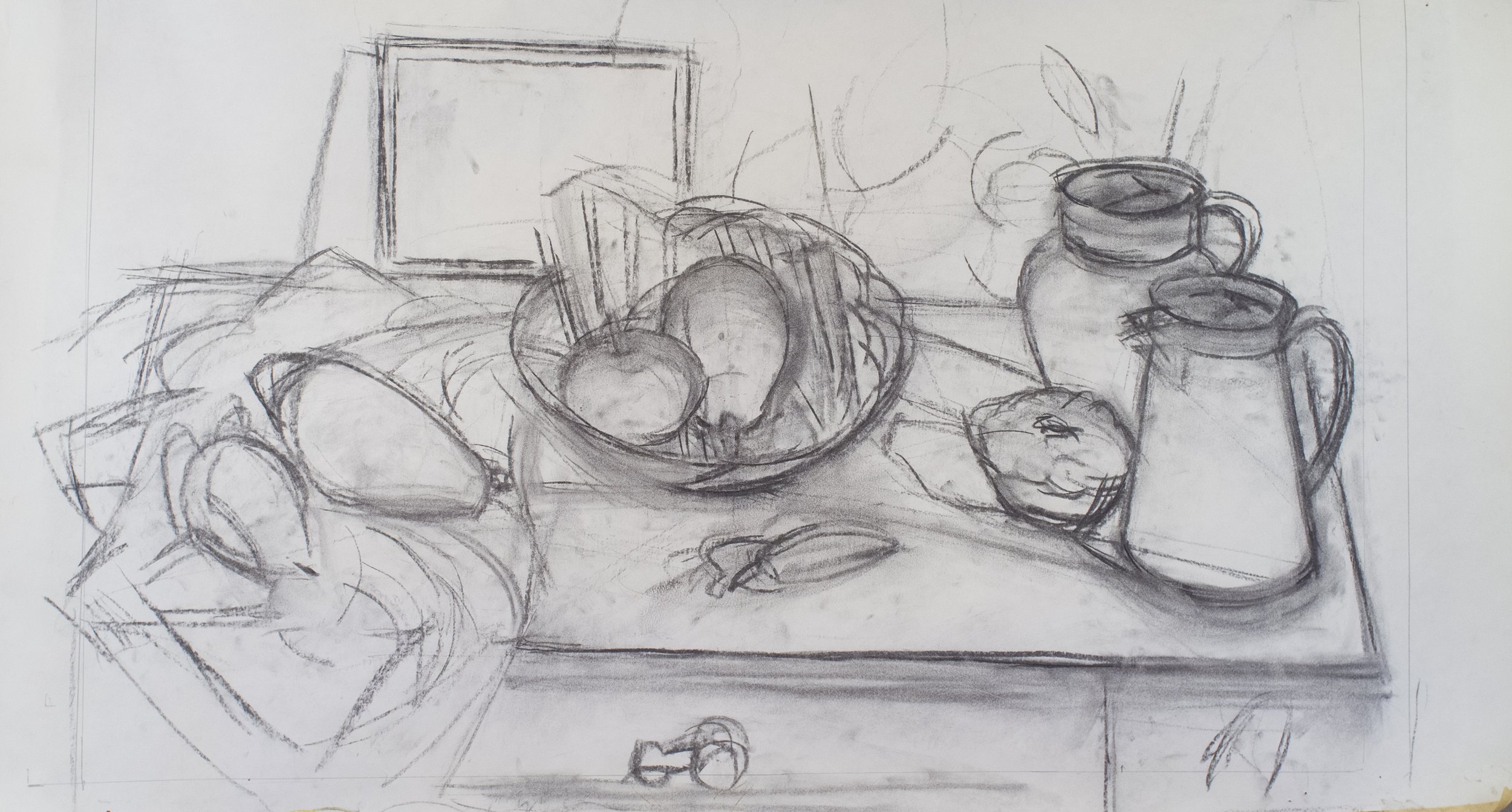   Knife with Friends (study) , c. 2001, charcoal/paper unmounted, 20” x 32, $400 