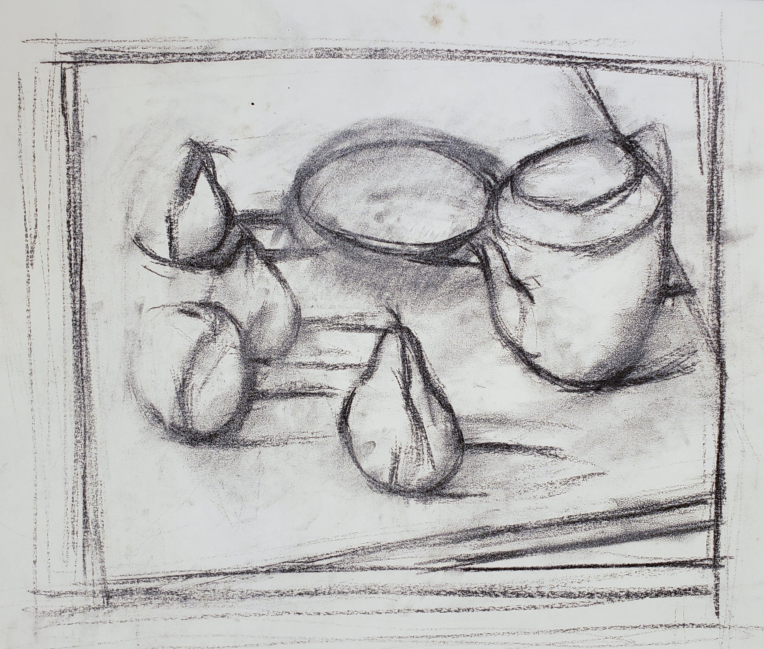   Still Life Study with Pears and Teapot , undated, charcoal/paper unmounted, 18” x 24, $350 