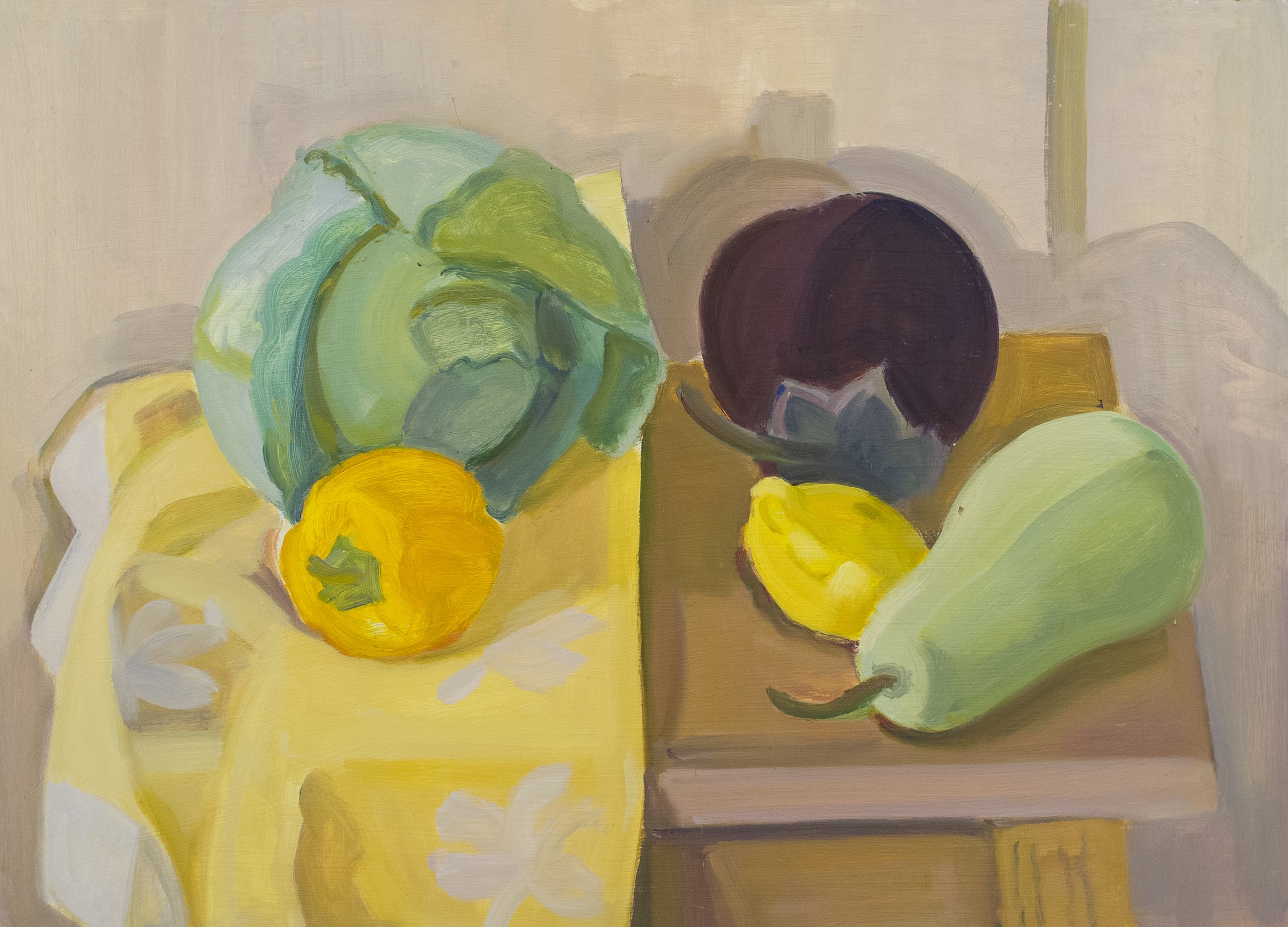   Cabbage, Eggplant and Bottle Gourd , 2007, oil/panel (unframed), 13 x 18 in., $1,400 