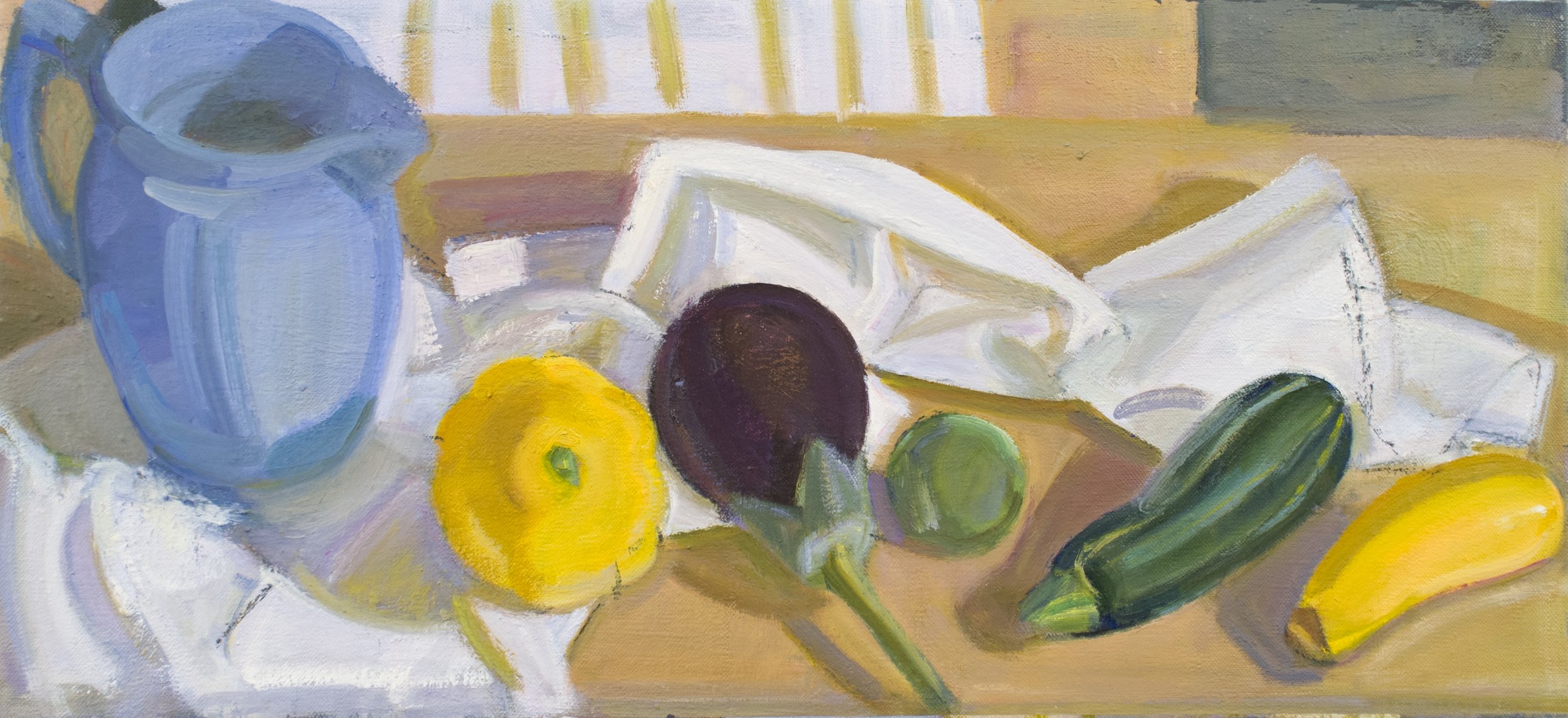   Blue Pitcher With Squash and Eggplant , 2014, oil/canvas, 11 x 24 in., Private Collection 