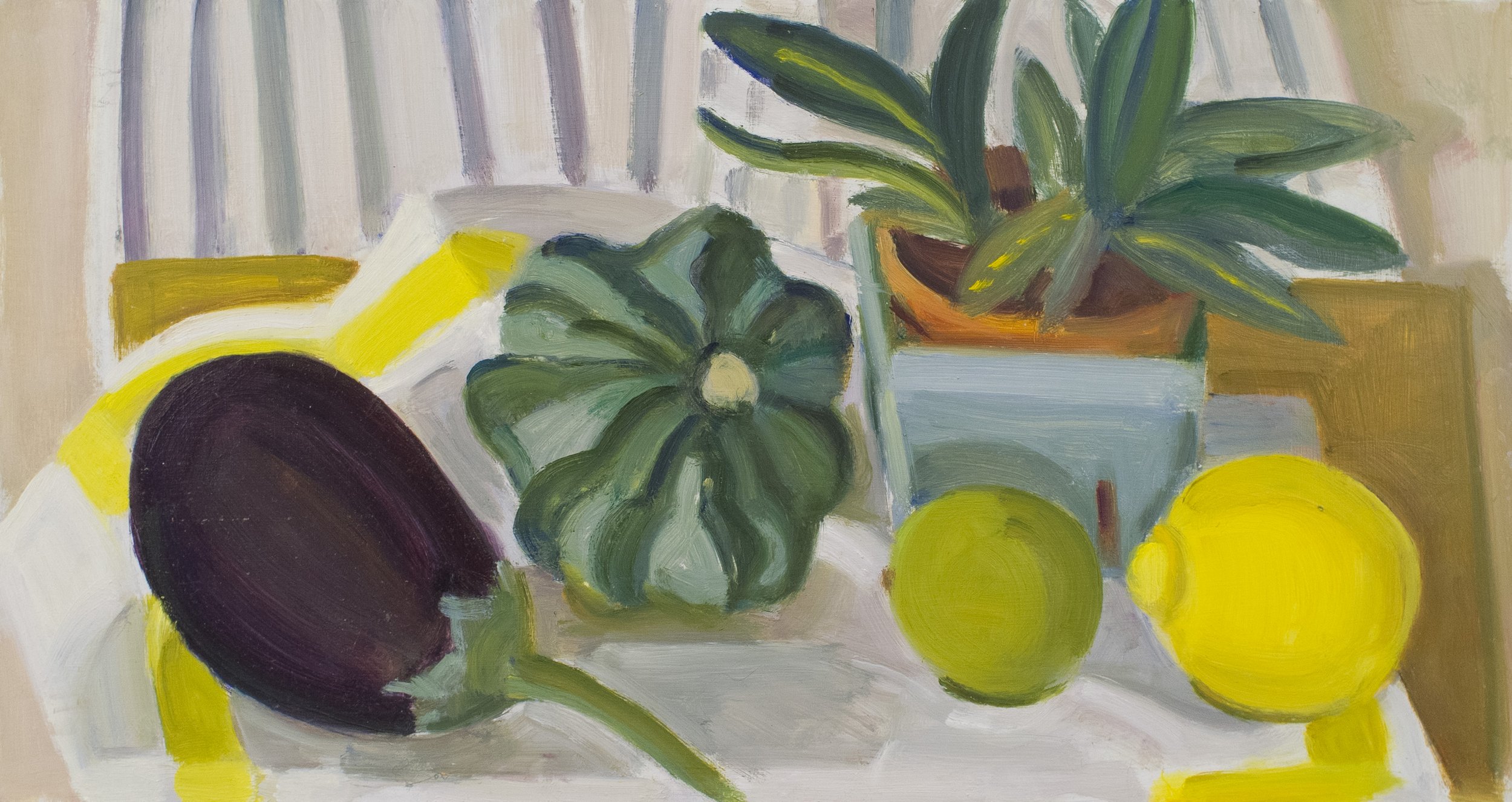   Eggplant, Striped Pattypan and Plant in Box , 2019, oil/panel unframed, 8” x 15 (Private collection) 