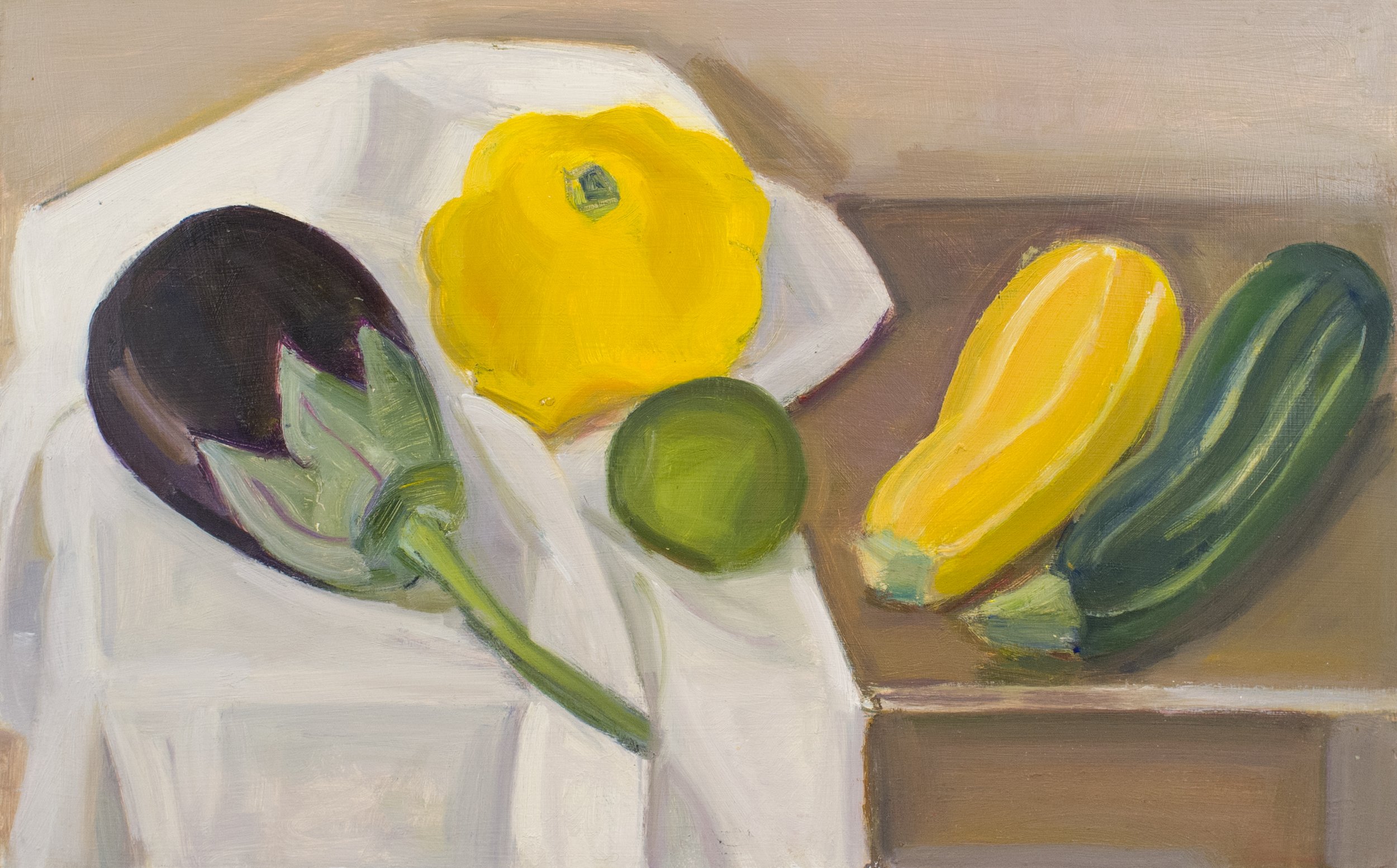   Eggplant, Pattypan and Two Striped Squash, with Lime , c. 2015, oil/panel (signed and framed), 10 x 16 in., $1,200 