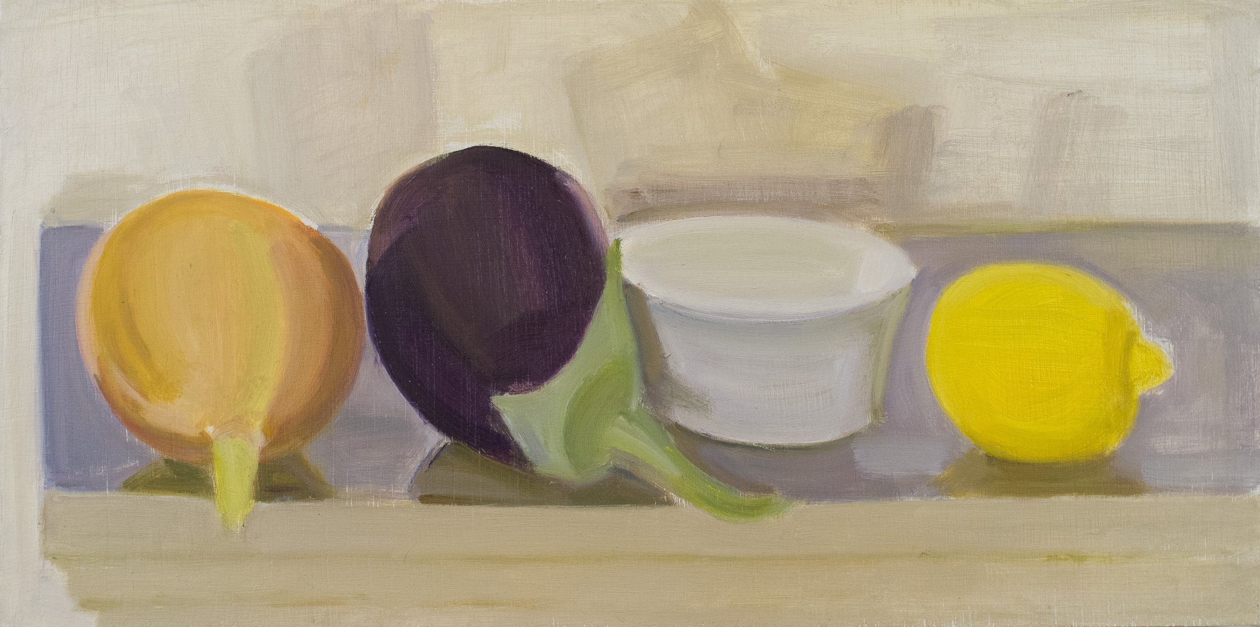   Onion, Eggplant, Ramekin and Lemon , 2019, oil/panel, 8 x 16 in. (Private collection) 