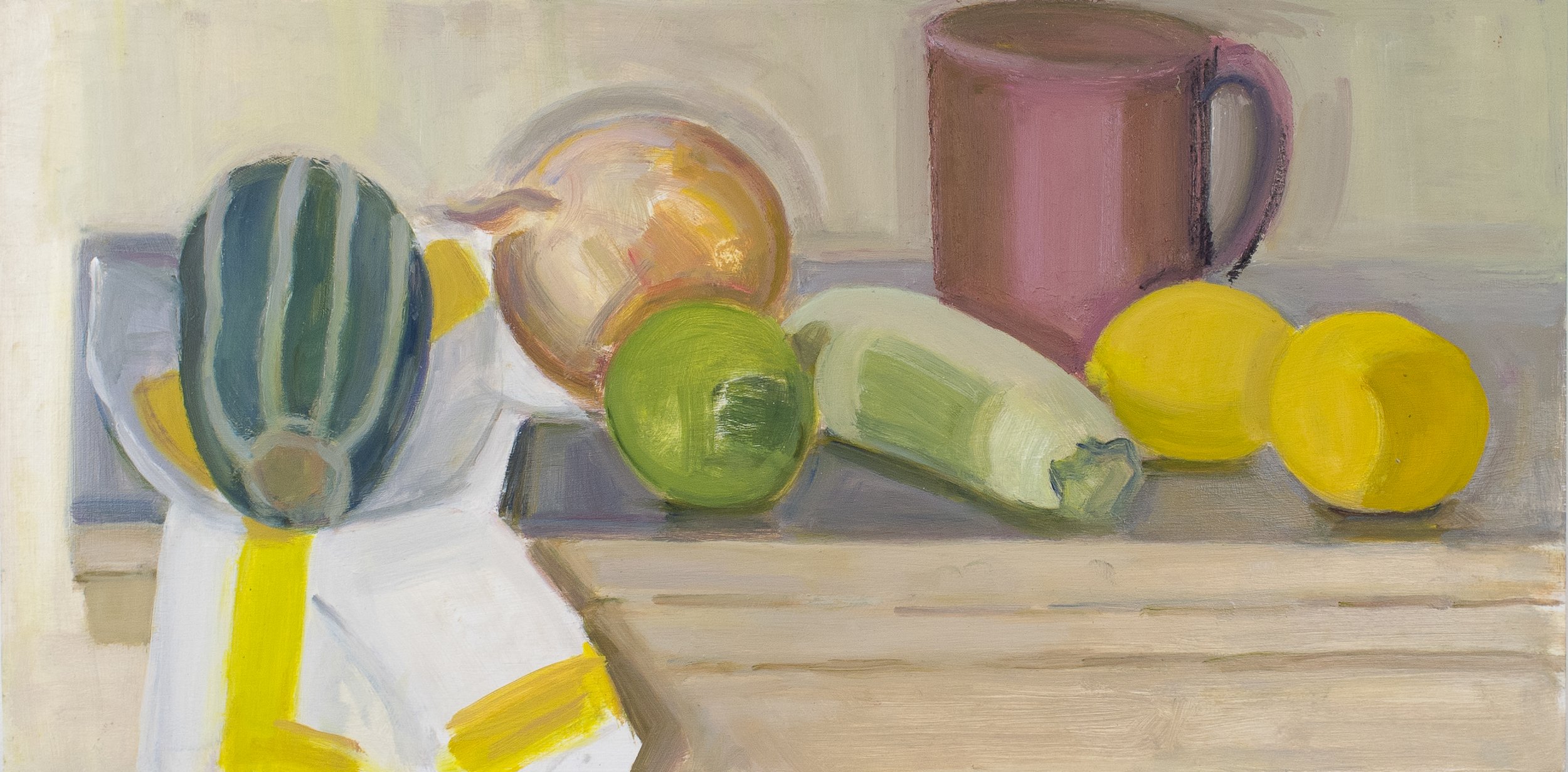   Pink Cup and Tiger Squash, Onion, Lemons and Lime , c. 2017, oil/panel (unframed), 10 x 20 in., $1,500 