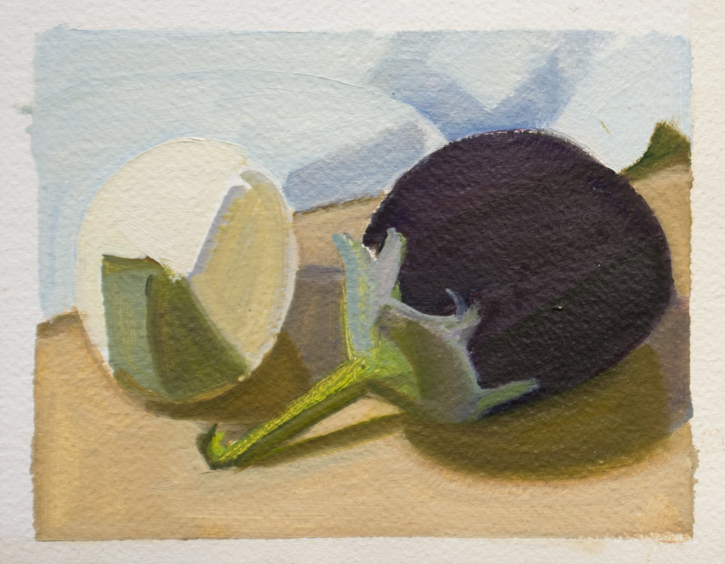   Two Eggplants, One White , c. 2007, oil/paper unframed, 6” x 8 in. (Private collection) 