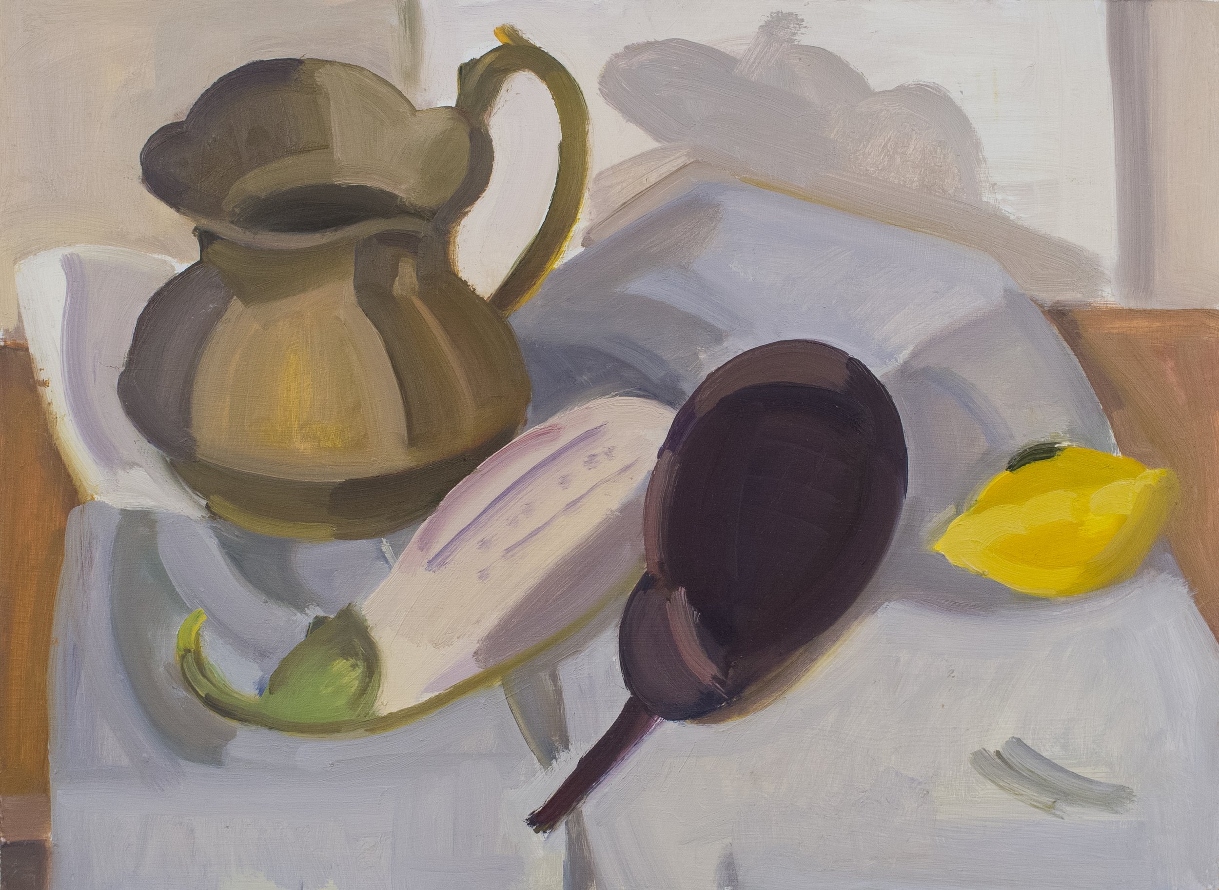   Brass Pitcher, Eggplants and Shadow , c. 2006, oil/panel (signed and framed by the artist), 11 x 15 in., $1,200 