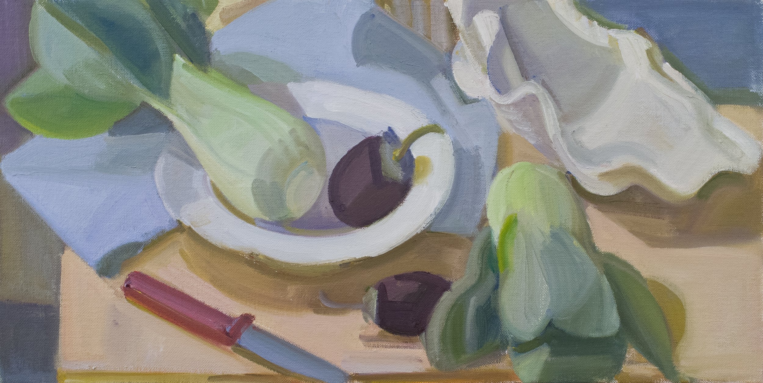   Bok Choy, Eggplant, Shell and Knife , c. 2012, oil/panel, 10 x 20 in. (Private collection) 