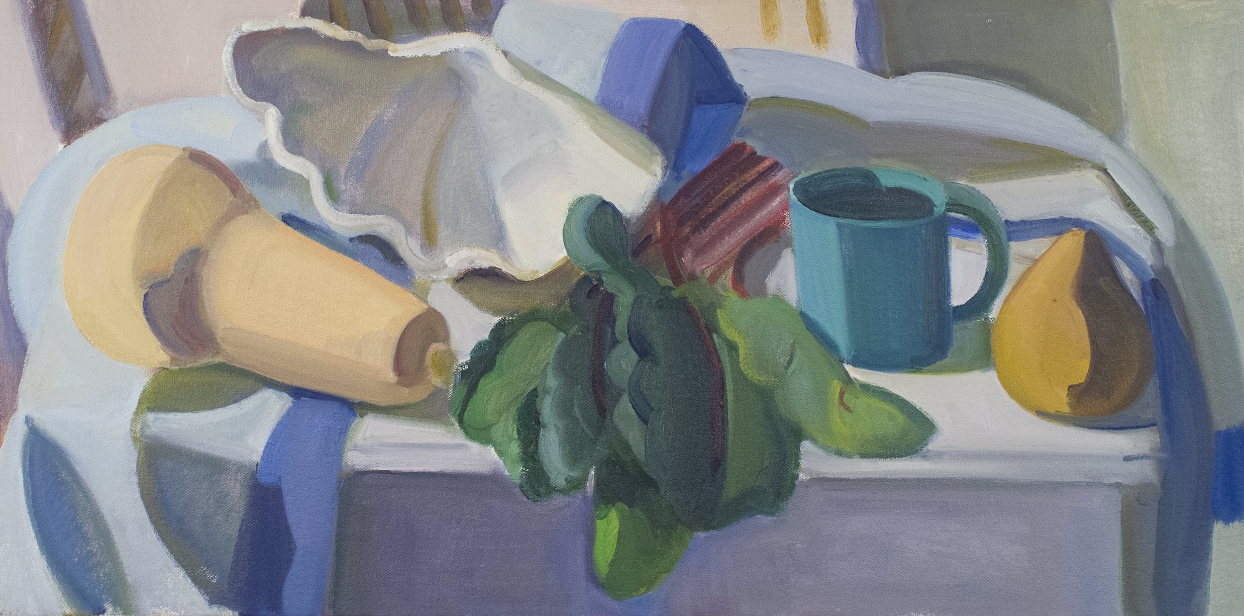   Butternut, Swiss Chard and Shell , 1999, oil/canvas (signed and framed by the artist), 12 x 24 in., $1,750 