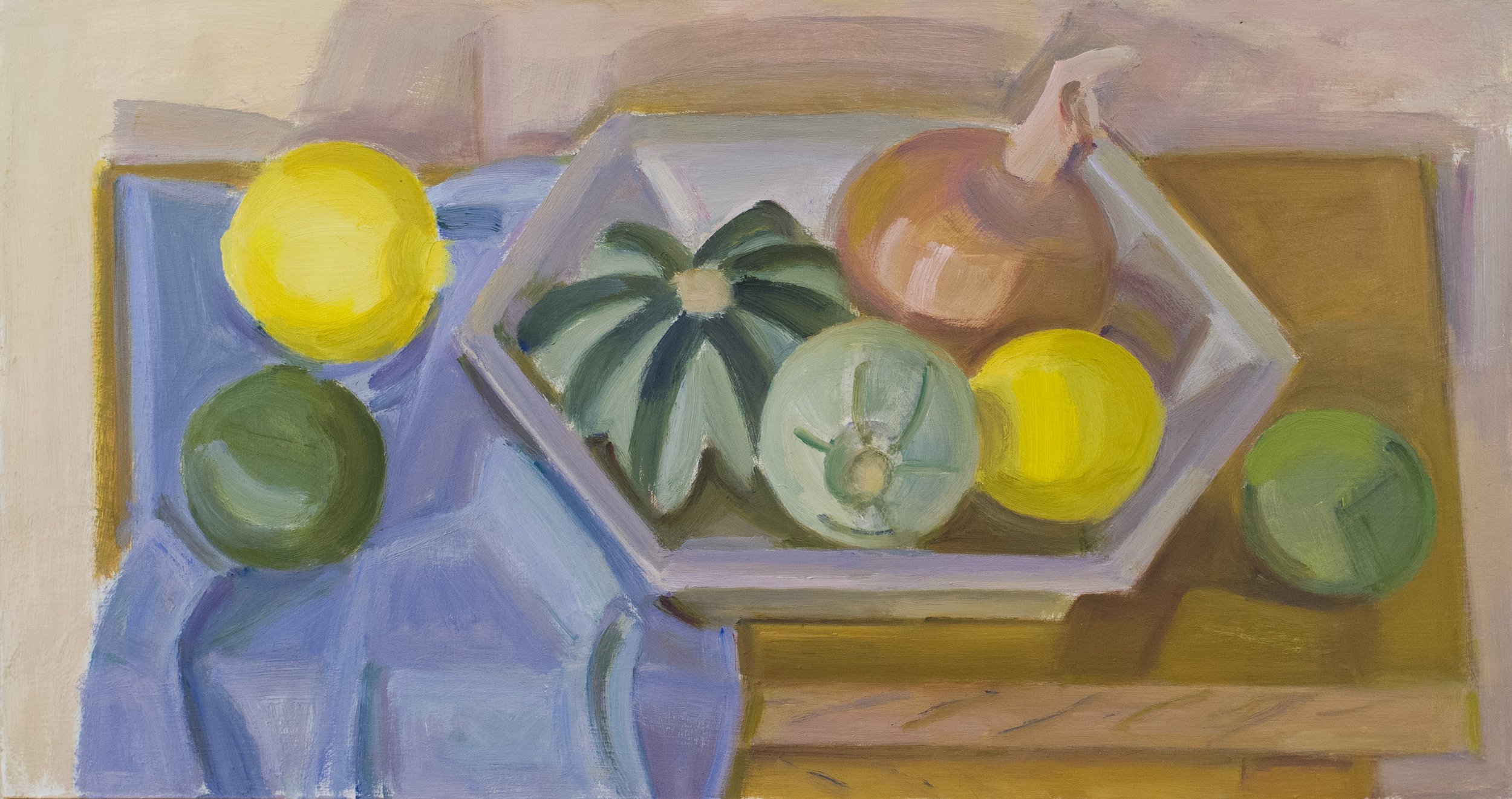   Hexagonal Pie Tin with Striped Squash and Lemon on Blue Cloth , 2019, oil/panel (unframed), 8.5 x 16 in., $1,000 