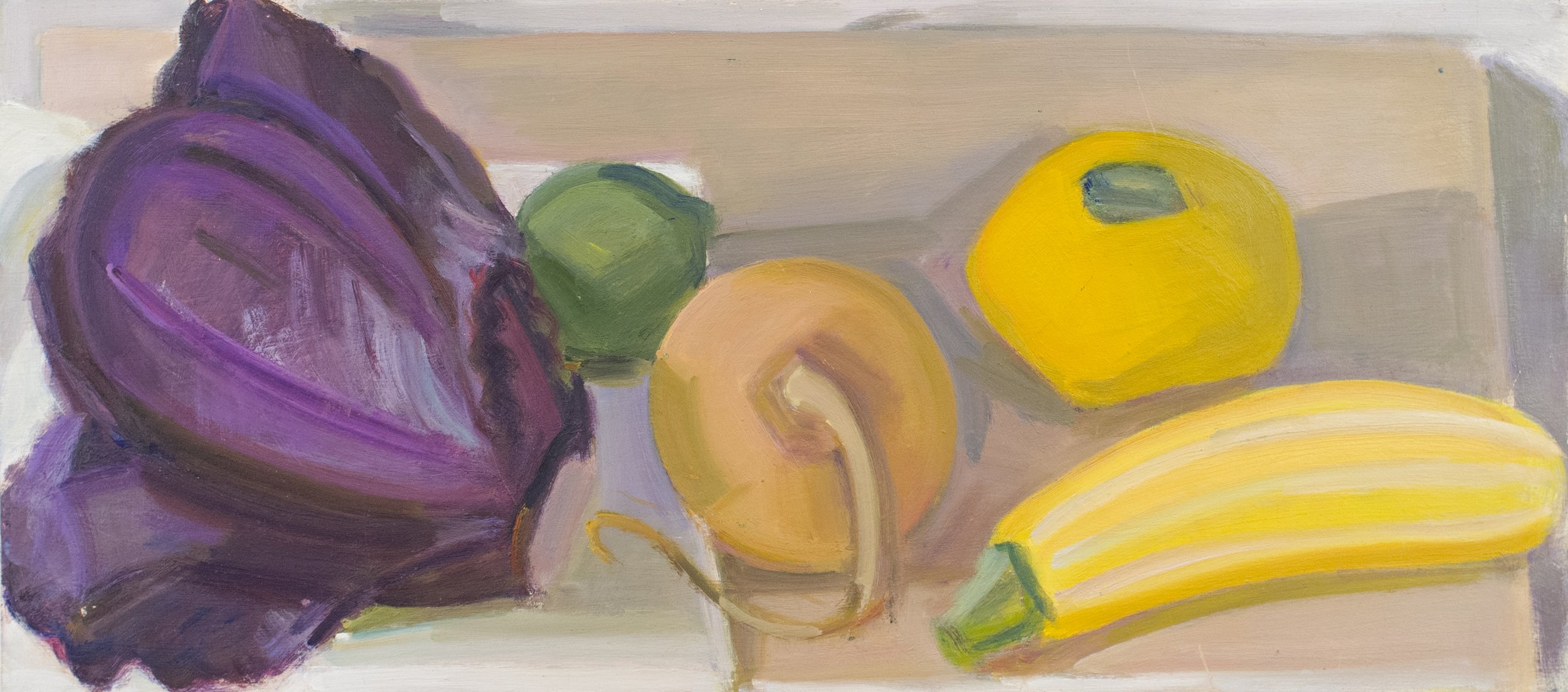   Red Cabbage, Lime, Pattypan and Striped Squash Surrounding Onion , c. 2012, oil/panel (signed and framed by the artist), 8 x 18 in., $1,100 