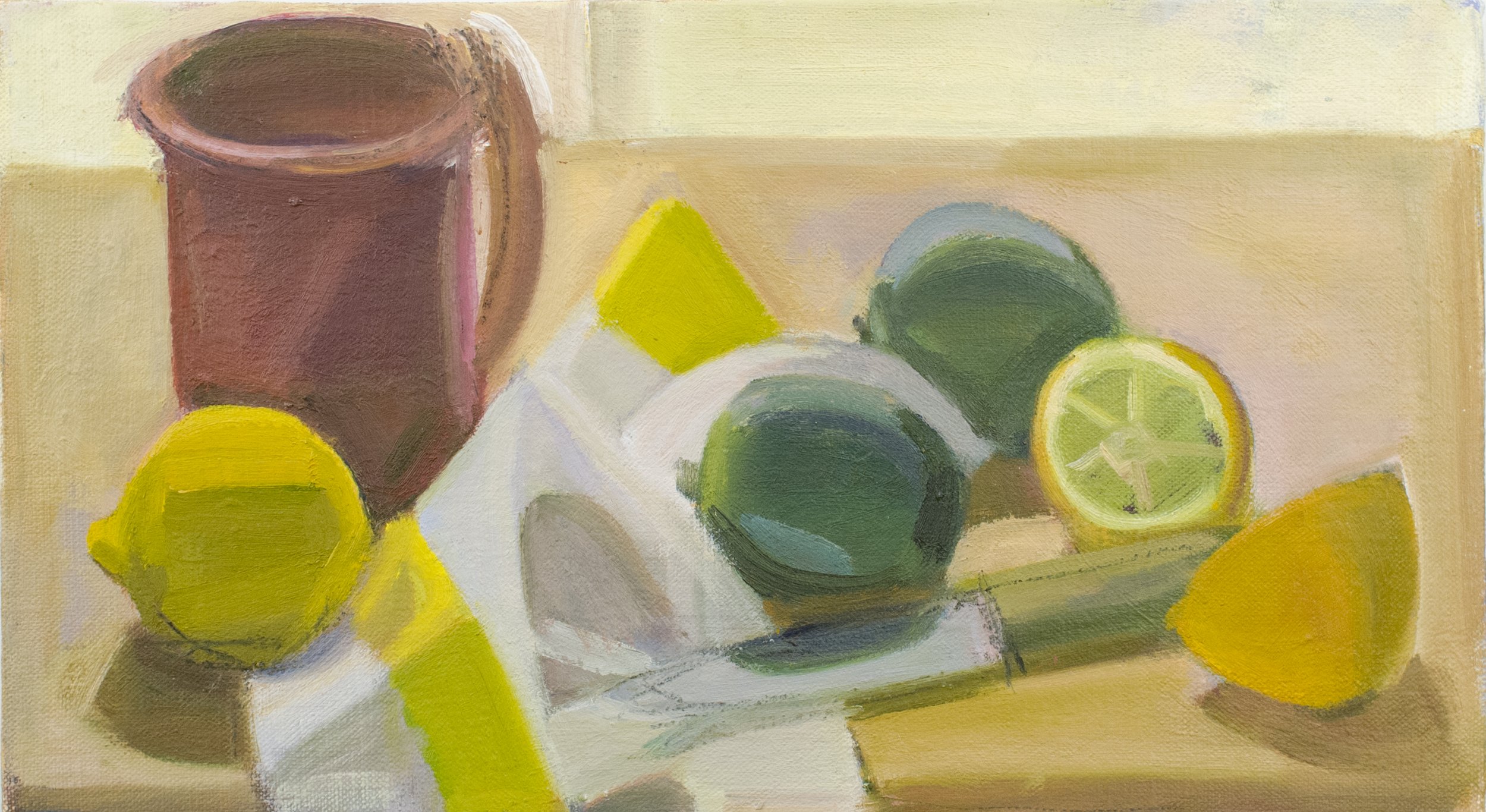   Pink Cup with Cut Lemon and Limes , 2014, oil/canvas, 8 x 14 in. (Private collection) 