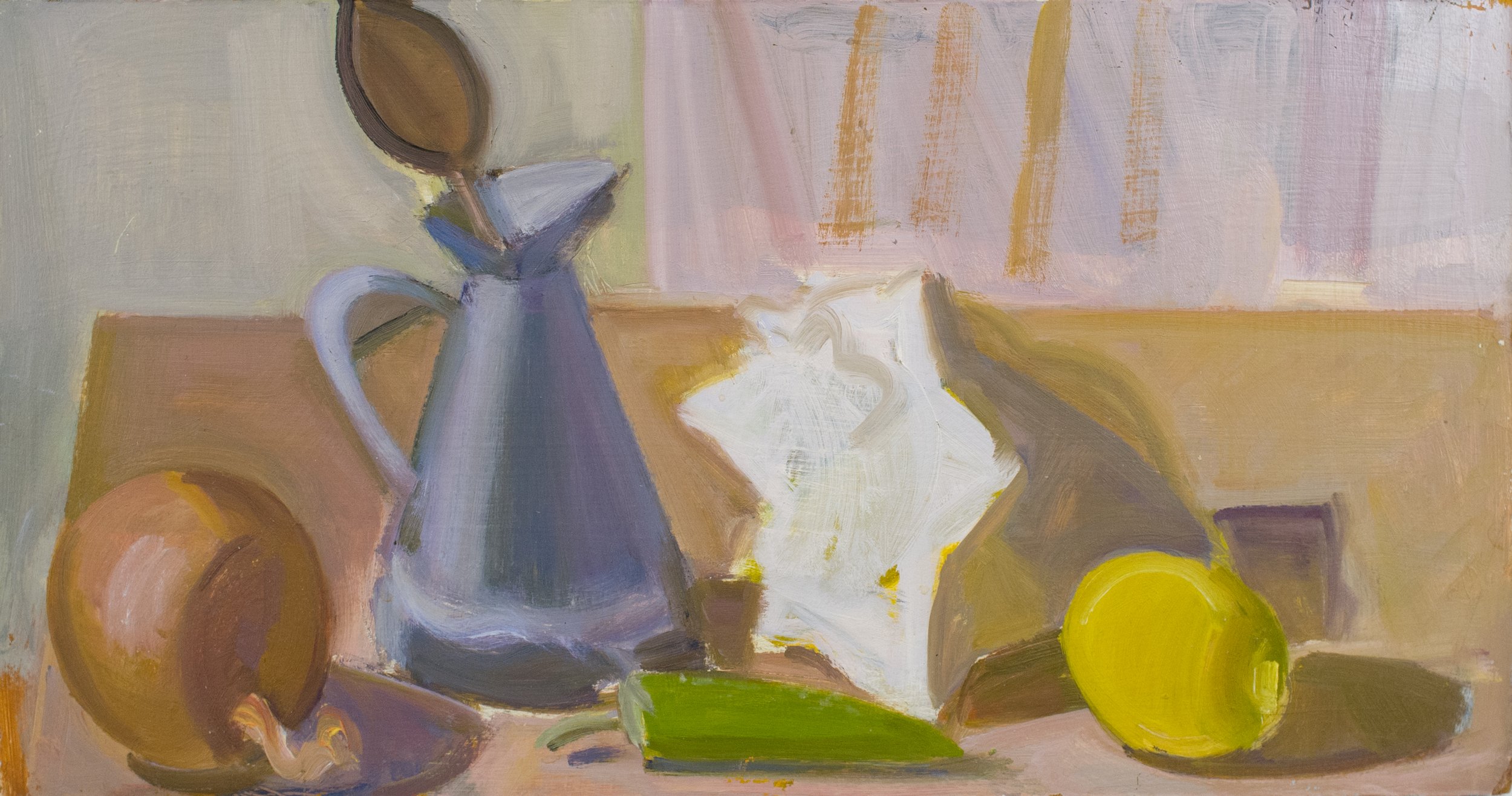   Onion, Measuring Pitcher and Trowel, with Shell and Lemon , c. 2013, oil/panel, 8½ x 16 in. (Private collection) 