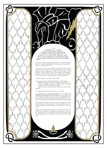 Ketubah with a Deceased Loved One 001 , ink on paper, 60x85cm, 2008. Excerpt from text: "
96
800x600
Normal
0
false
false
false
EN-US
JA
X-NONE
/* Style Definitions */
table.MsoNormalTable
{mso-style-name:"Table Normal";
mso-tstyle-rowband-size:0;
mso-tstyle-colband-size:0;
mso-style-noshow:yes;
mso-style-priority:99;
mso-style-parent:"";
mso-padding-alt:0in 5.4pt 0in 5.4pt;
mso-para-margin:0in;
mso-para-margin-bottom:.0001pt;
mso-pagination:widow-orphan;
font-size:10.0pt;
font-family:"Times New Roman";}
-The father recognizes that he will leave the daughter with a feeling of wanting more time, which both parties acknowledge will never go away or subside. For that reason, the father agrees to visit the daughter posthumously and make his ghost image visible to her."