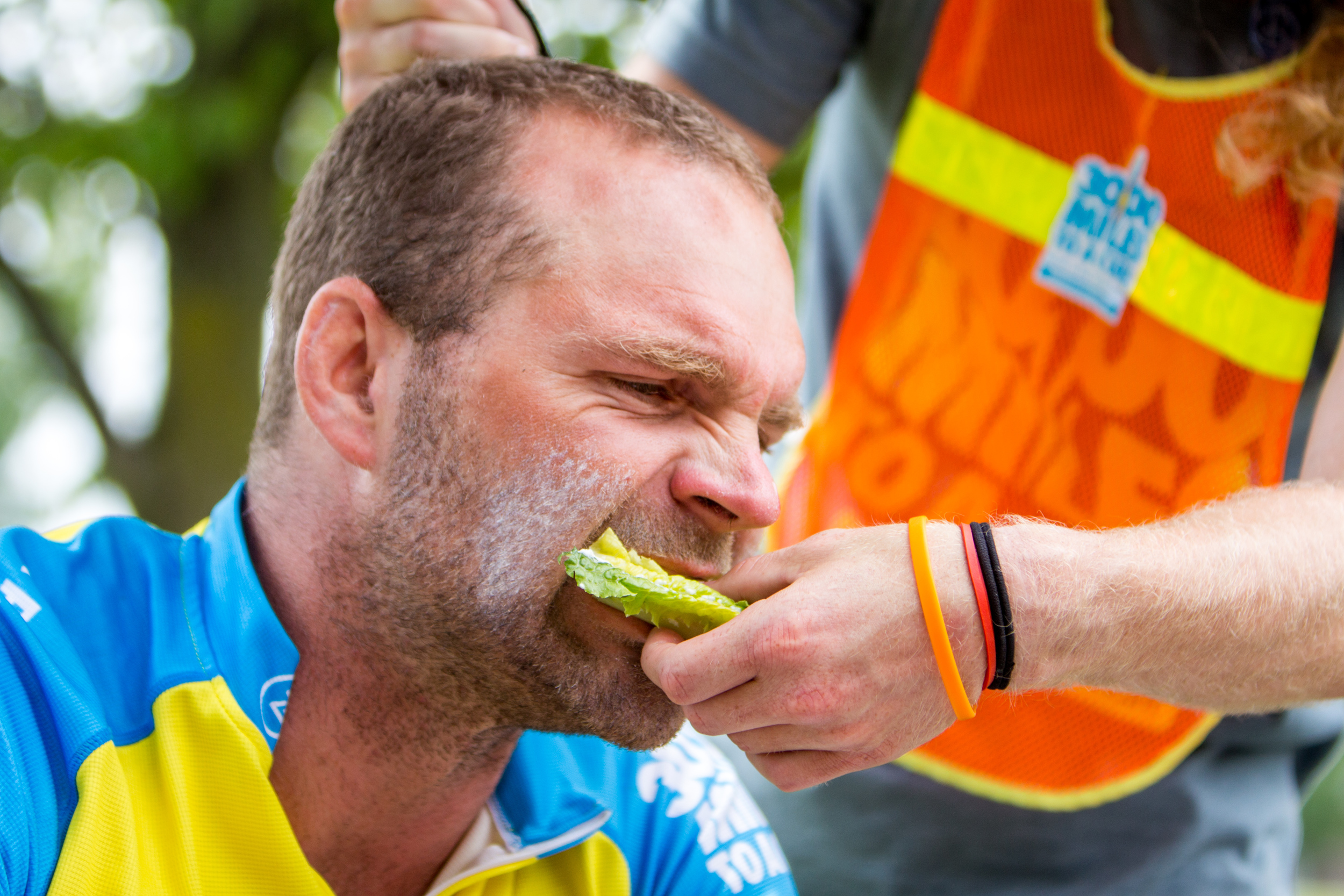 With all the energy Rob was burning while cycling, he had to eat, a lot. Rob's crew had him throwing down protein shakes, sandwiches, energy bars, whatever could keep him full during the race. Rob loves donuts and ice cream.
