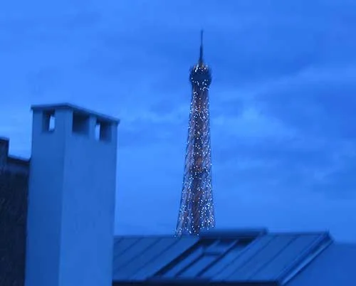 Eiffel Tower at night from hotel window
