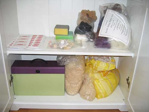 cabinet shelf needlefelting supplies, patterns