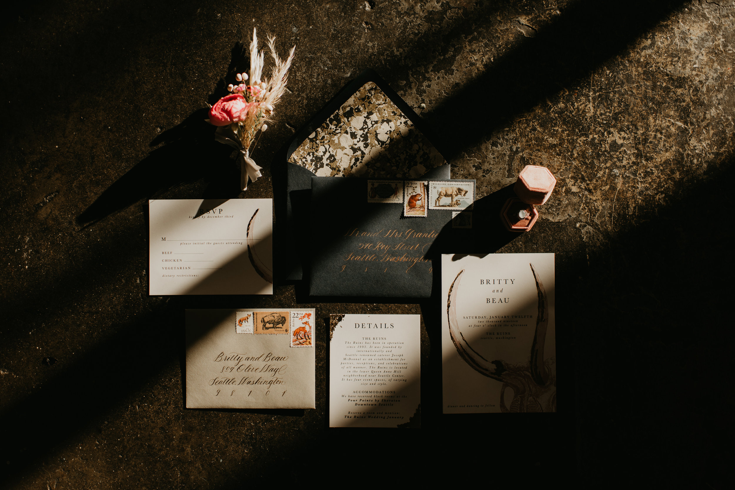 Moody Navy Blue Wedding Stationery - Beau + Britty - Dutch Carnival Styled Elopement Shoot at The Ruins, Seattle, WA - Seattle Elopement Photographer