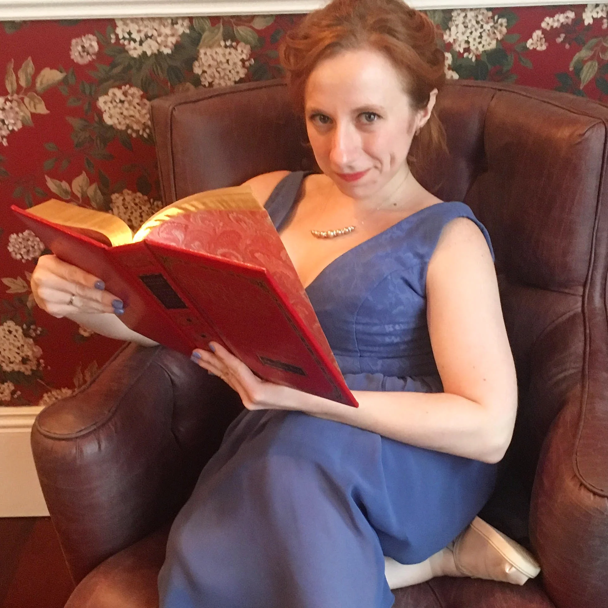 Me at the wedding in July. The venue had an awesome library!
