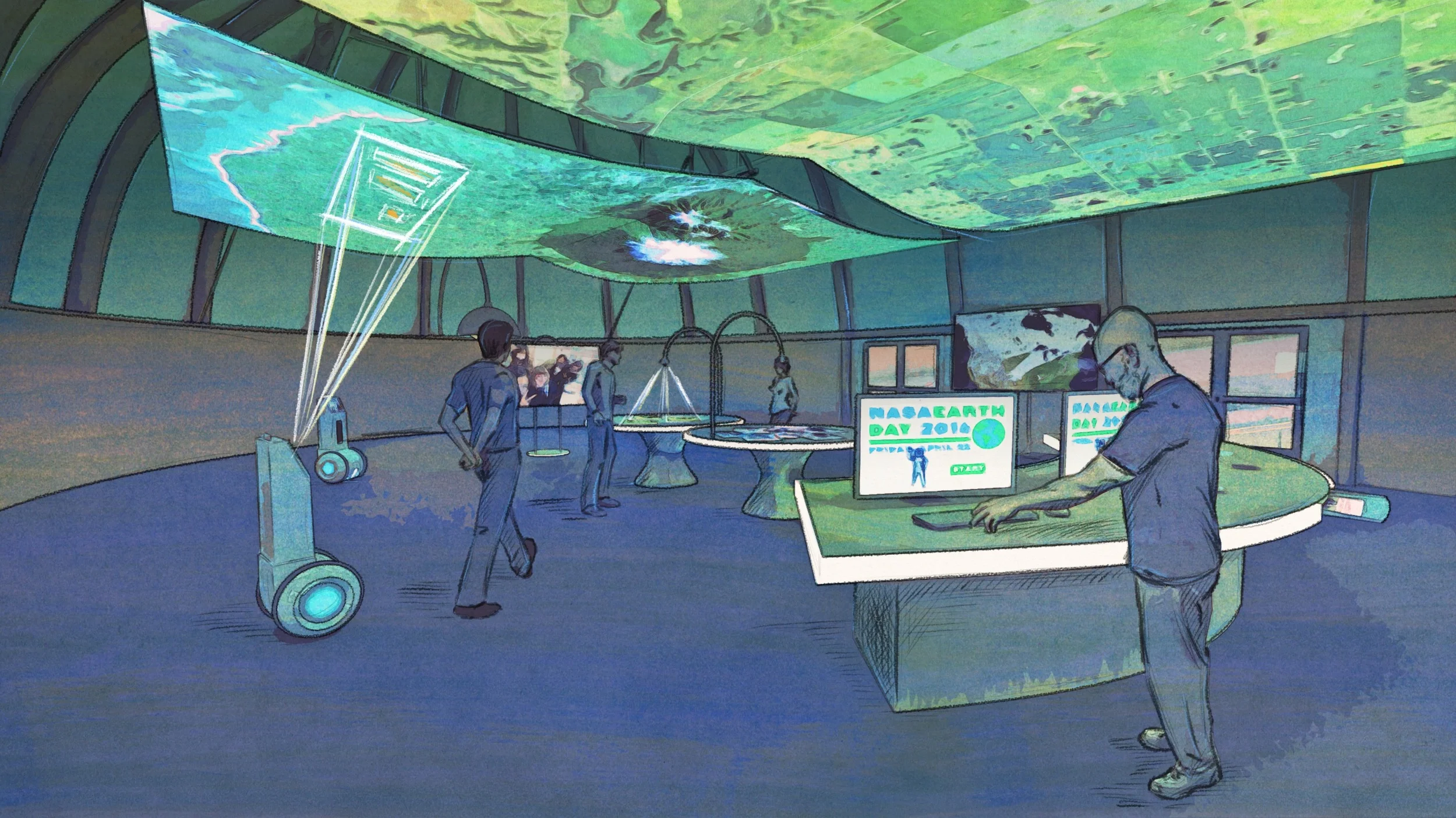 Another view of the exhibit that includes telepresence robots